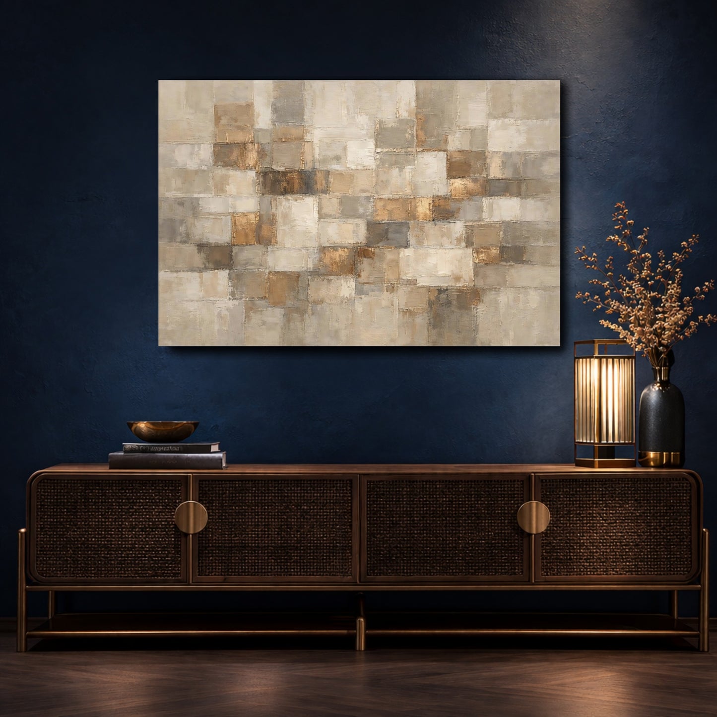 Mockup 4. Abstract Abstract Blocks Gold And Neutral shown as stretched canvas wall art