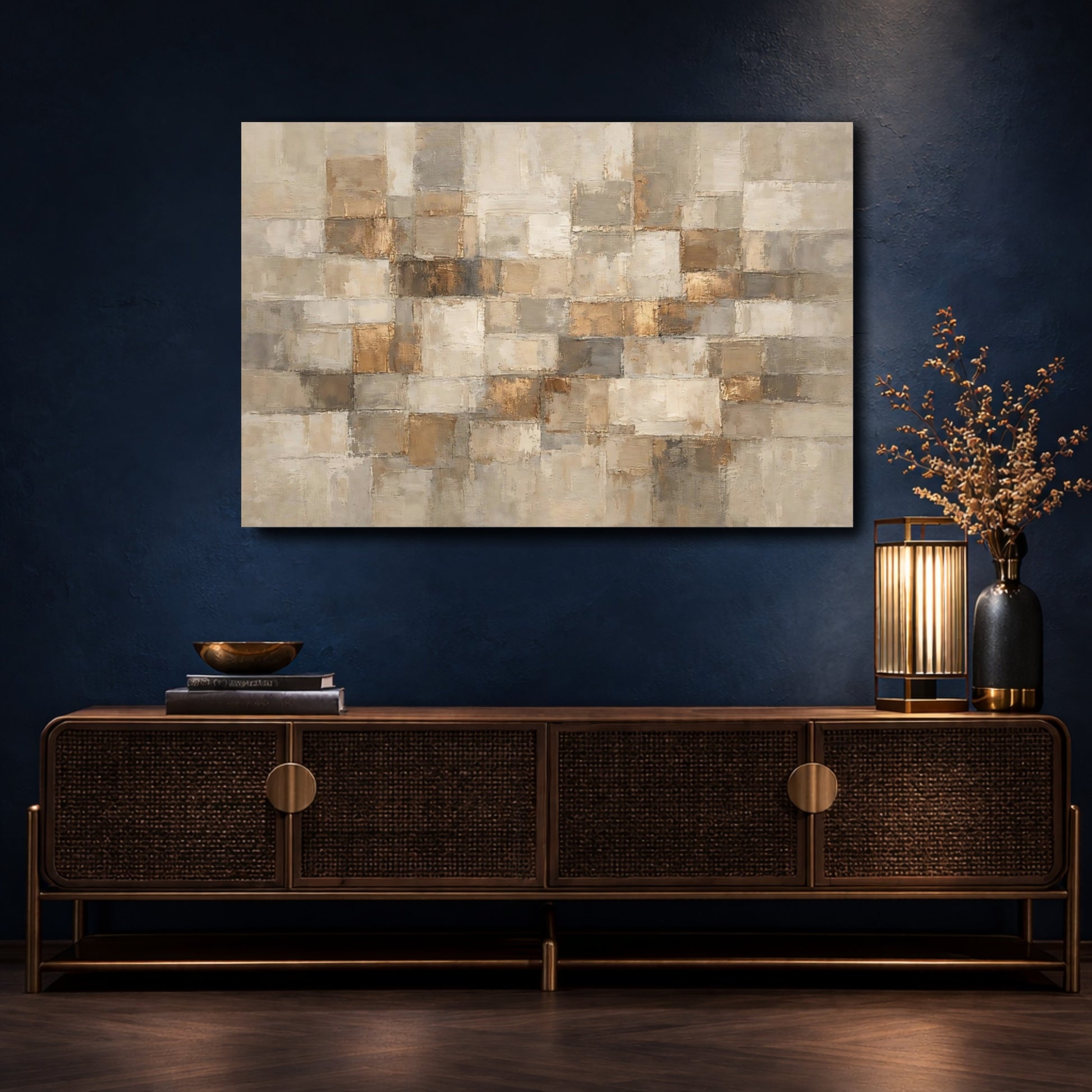 Mockup 4. Abstract Abstract Blocks Gold And Neutral shown as stretched canvas wall art