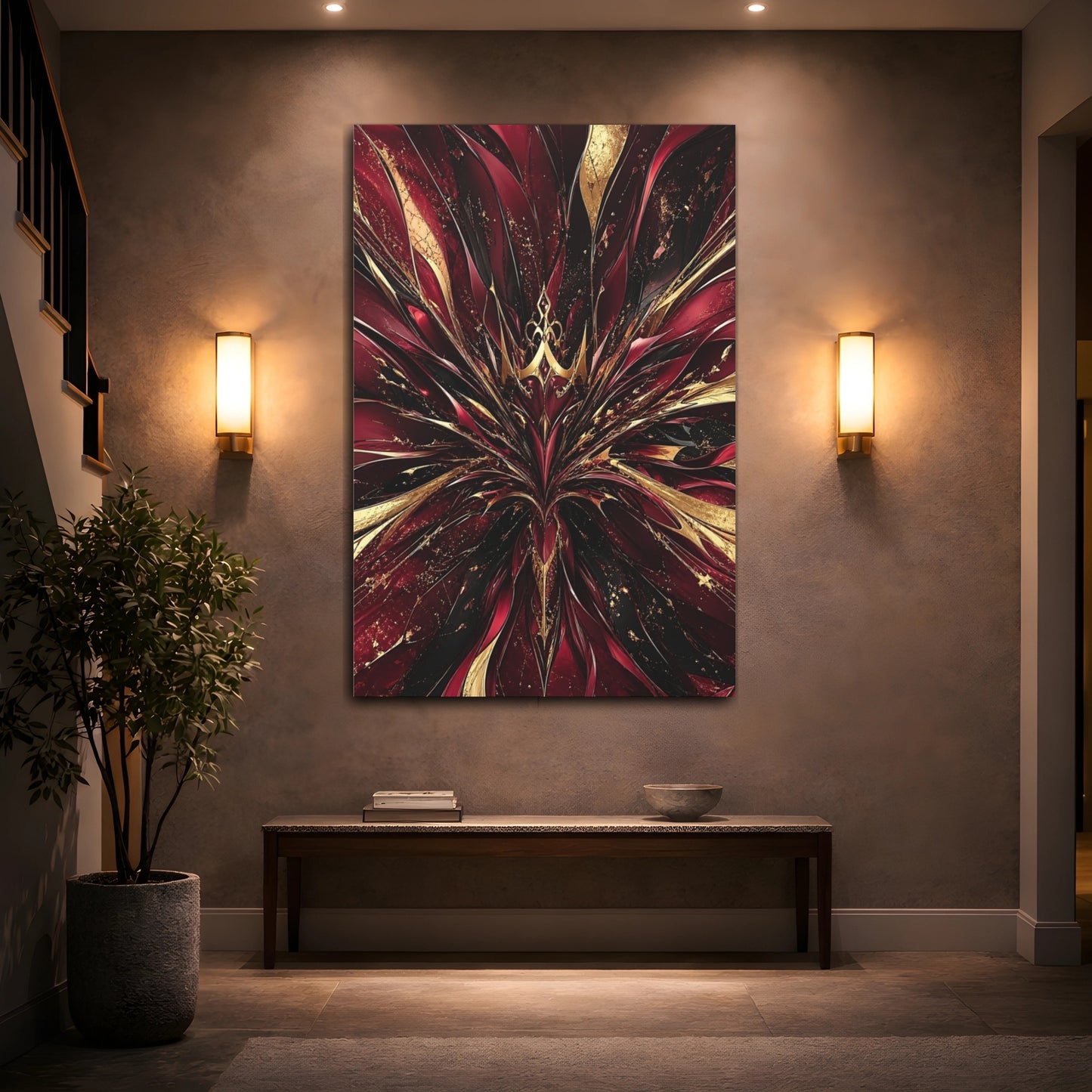 Mockup 2. Abstract Abstract Bloom Crimson Gold shown as stretched canvas wall art