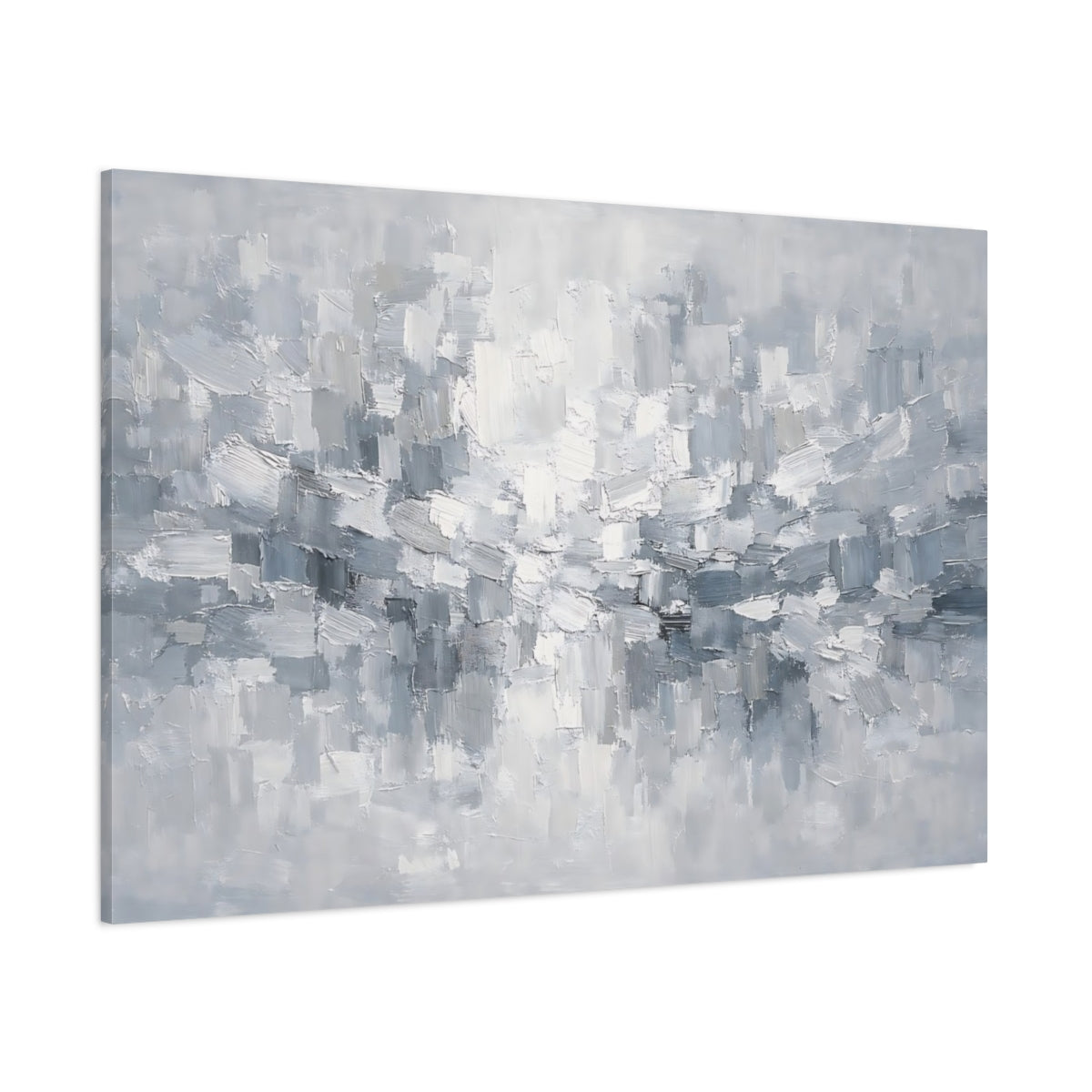Main Mockup. Abstract Abstract Brushstrokes Gray And White Abstract shown as stretched canvas wall art