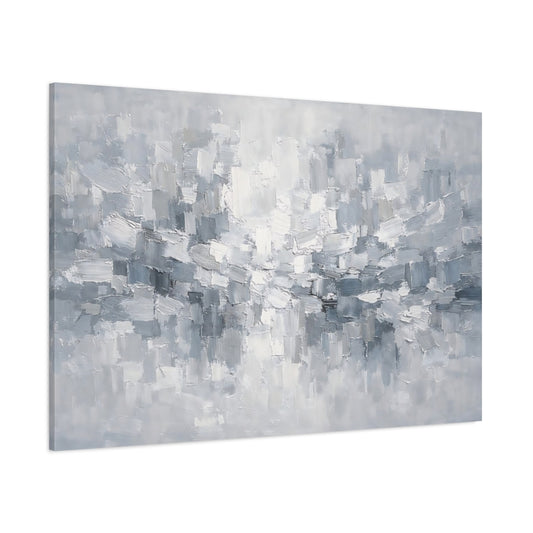 Main Mockup. Abstract Abstract Brushstrokes Gray And White Abstract shown as stretched canvas wall art