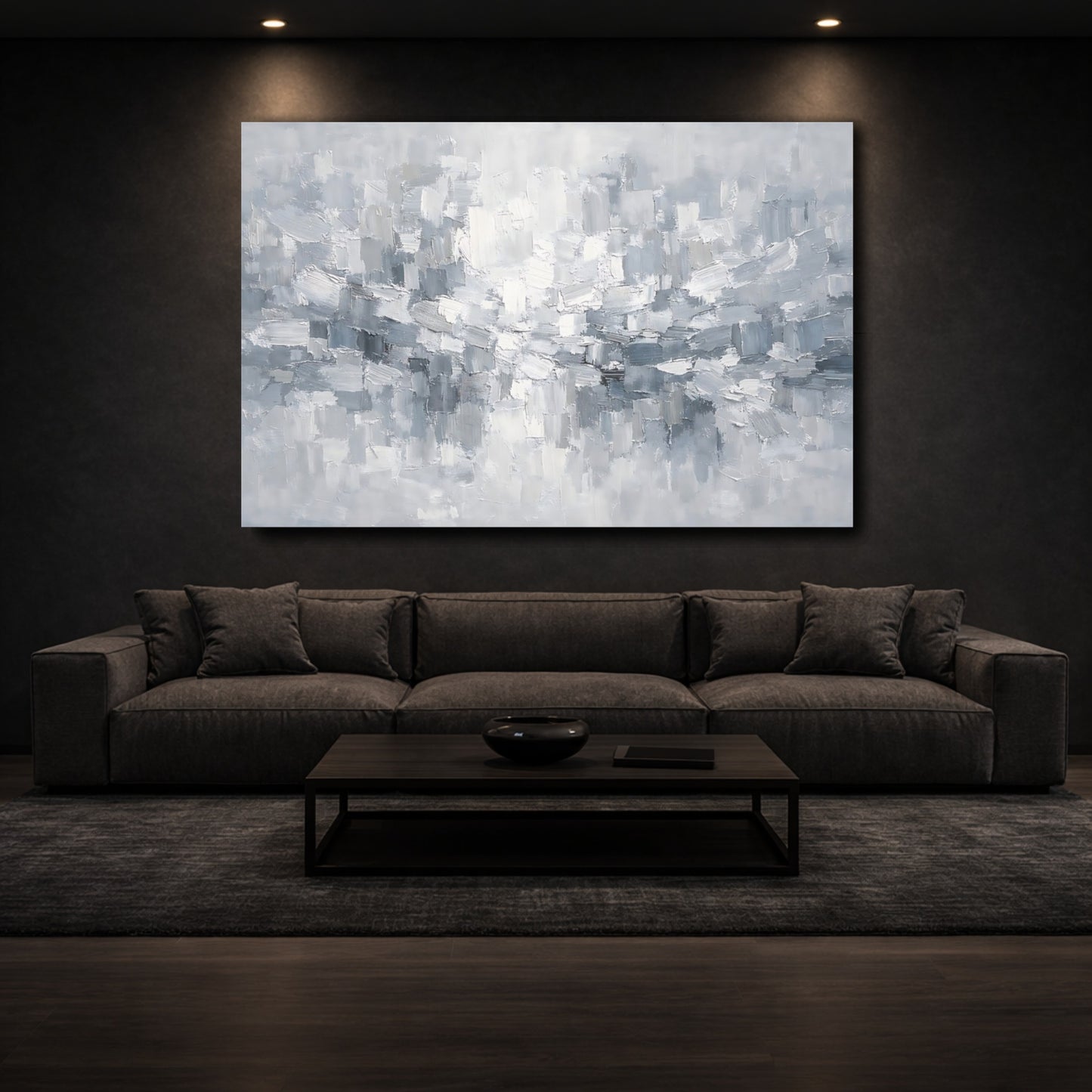 Mockup 2. Abstract Abstract Brushstrokes Gray And White Abstract shown as stretched canvas wall art