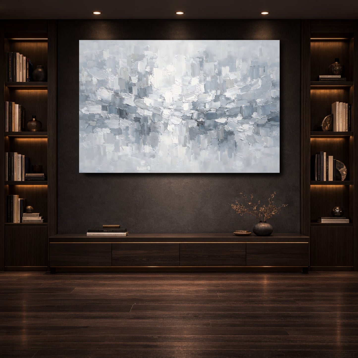 Mockup 3. Abstract Abstract Brushstrokes Gray And White Abstract shown as stretched canvas wall art