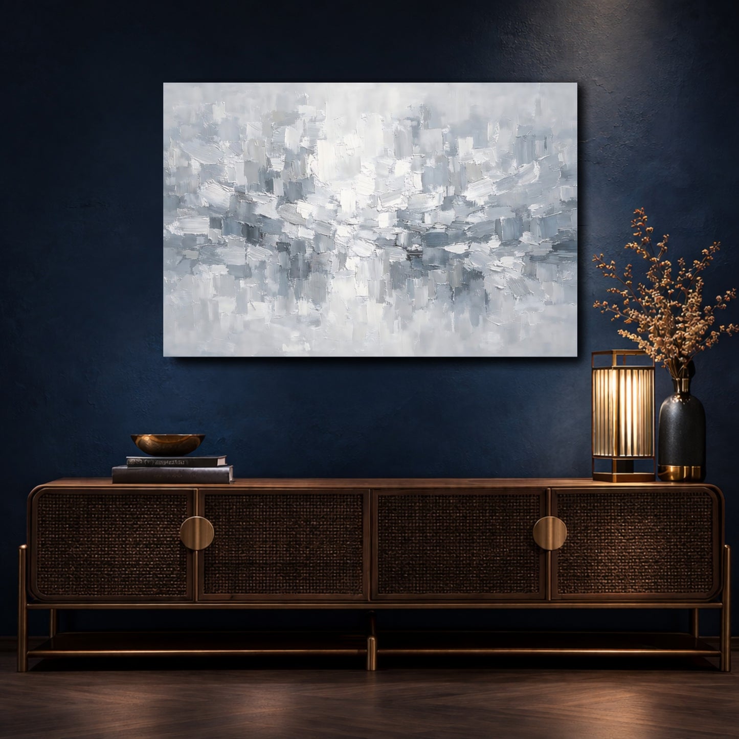 Mockup 4. Abstract Abstract Brushstrokes Gray And White Abstract shown as stretched canvas wall art