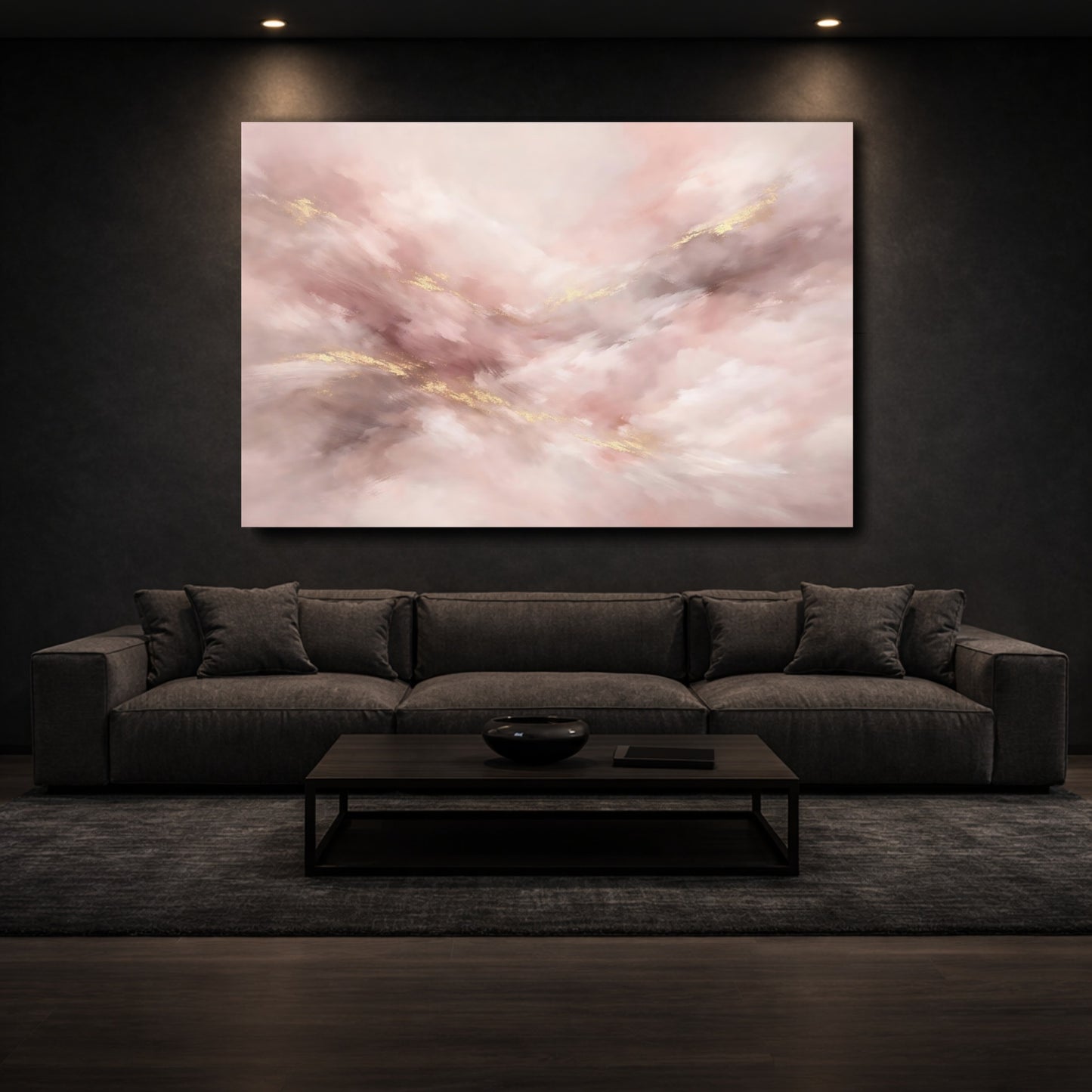 Mockup 2. Abstract Abstract Brushstrokes Pink Gold Abstract shown as stretched canvas wall art