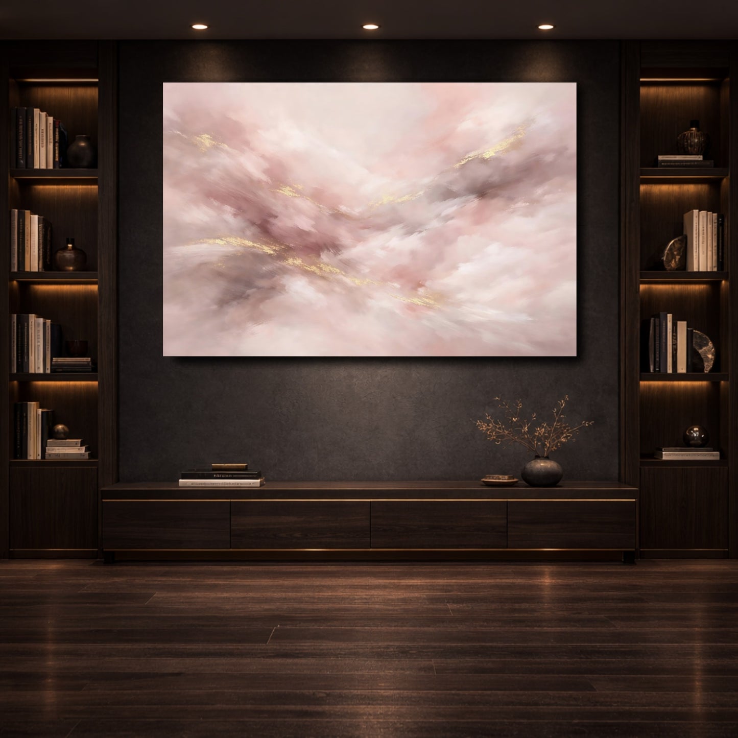 Mockup 3. Abstract Abstract Brushstrokes Pink Gold Abstract shown as stretched canvas wall art