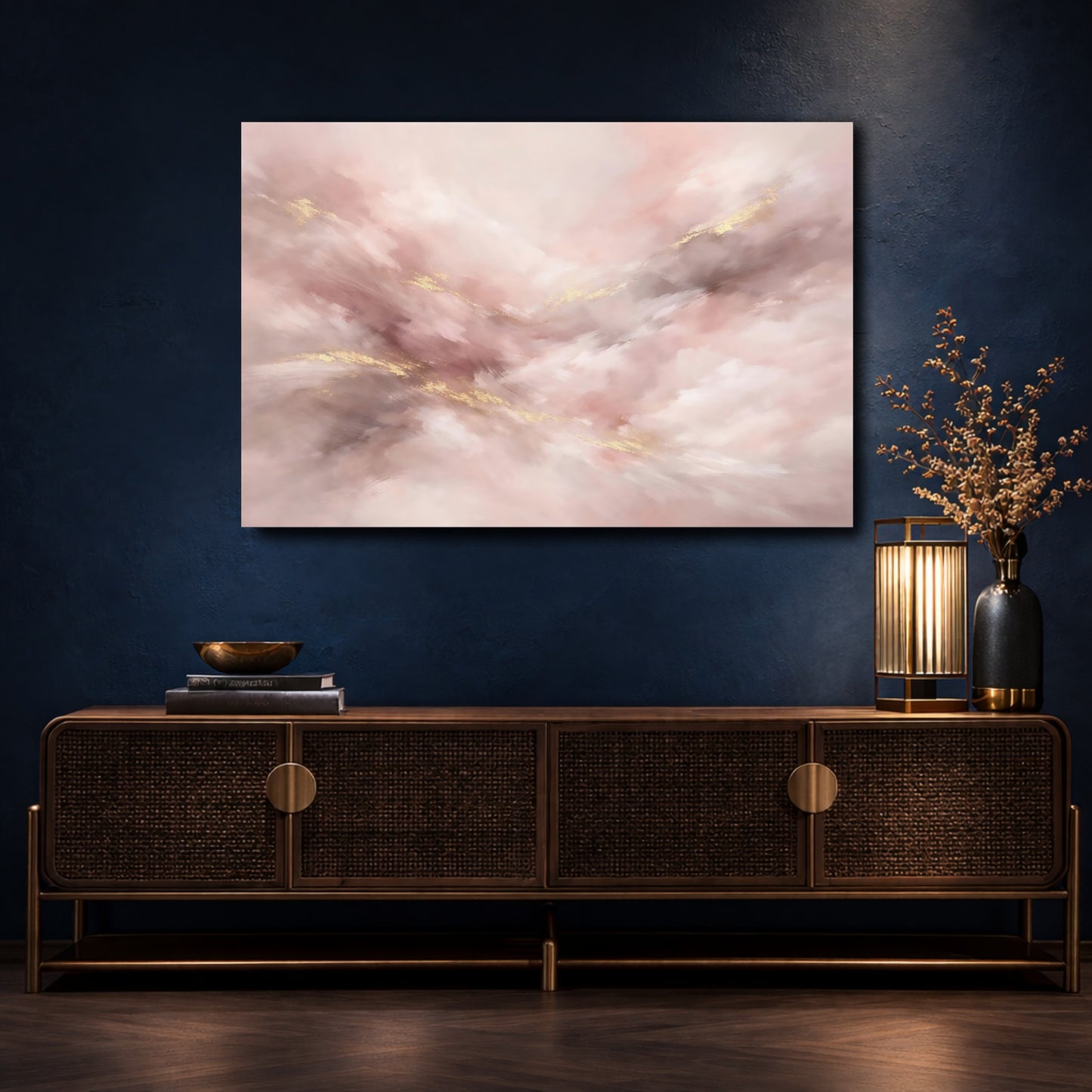 Mockup 4. Abstract Abstract Brushstrokes Pink Gold Abstract shown as stretched canvas wall art
