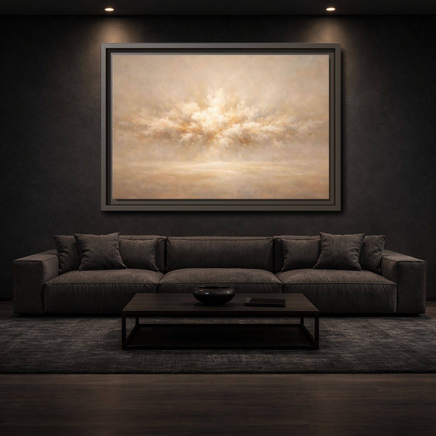 Mockup 2. Abstract Abstract Burst Beige And Gold shown as stretched canvas wall art