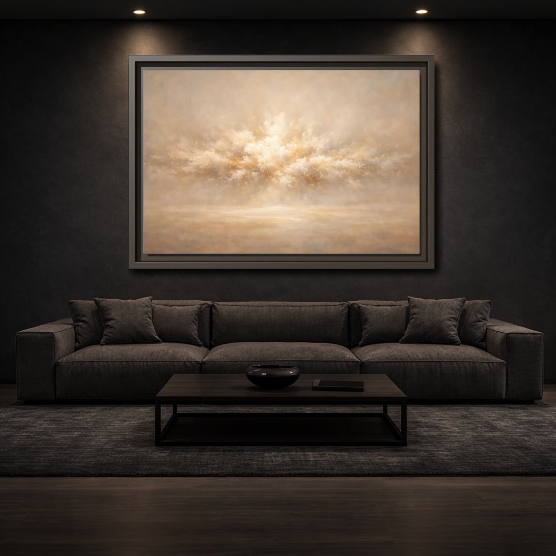 Mockup 2. Abstract Abstract Burst Beige And Gold shown as stretched canvas wall art