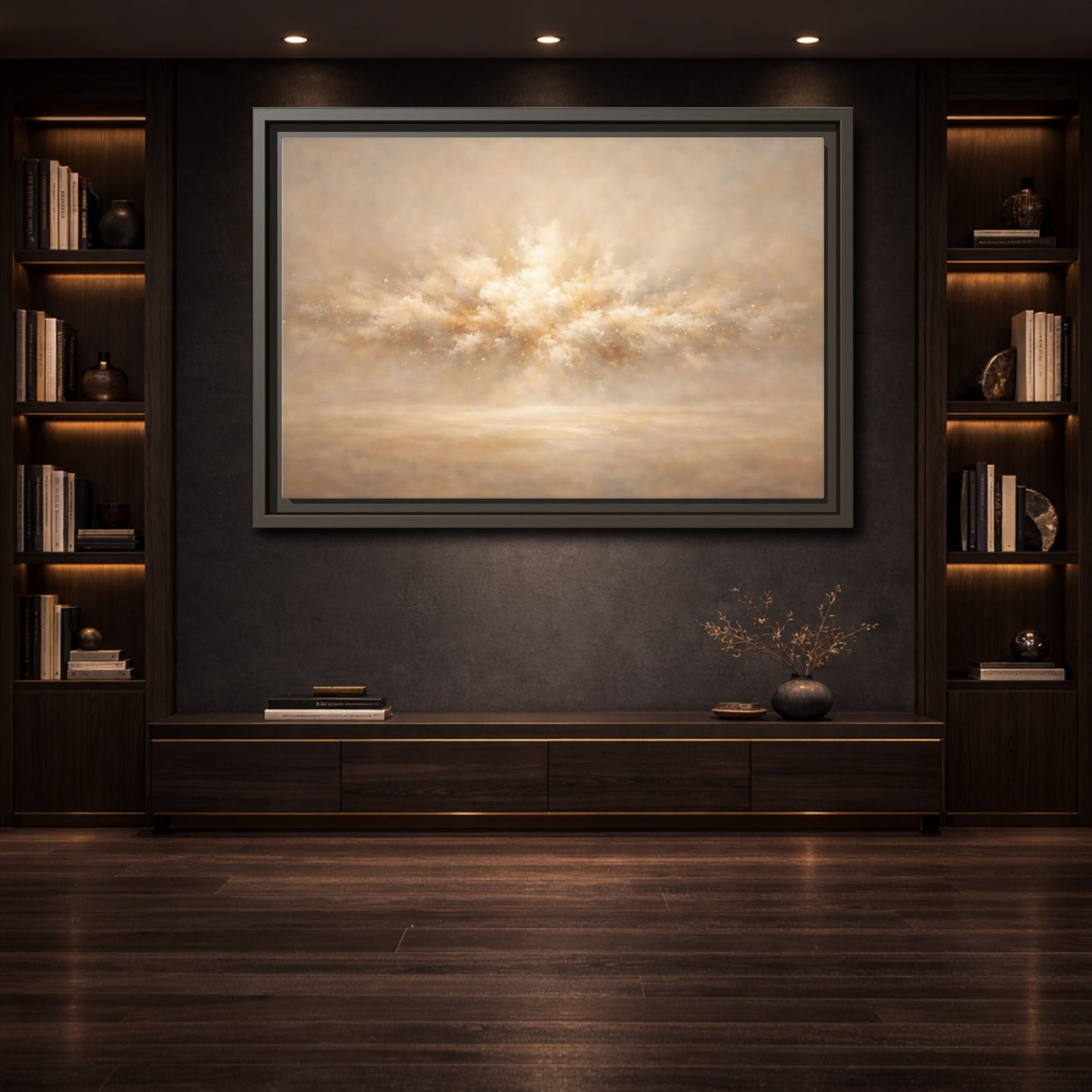 Mockup 3. Abstract Abstract Burst Beige And Gold shown as stretched canvas wall art