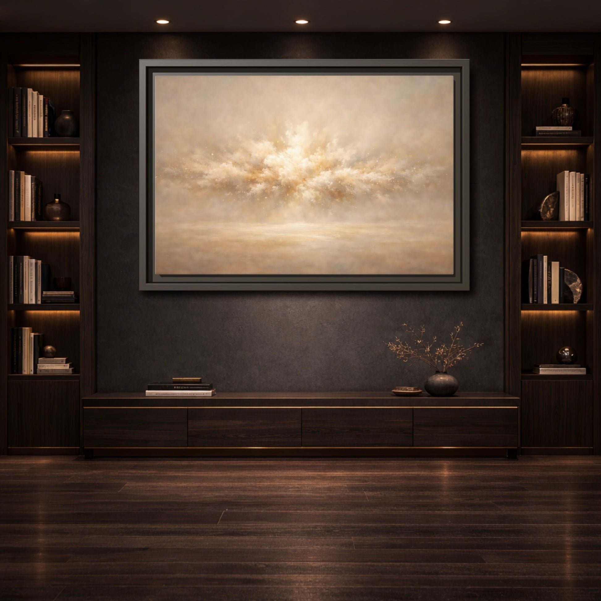 Mockup 3. Abstract Abstract Burst Beige And Gold shown as stretched canvas wall art