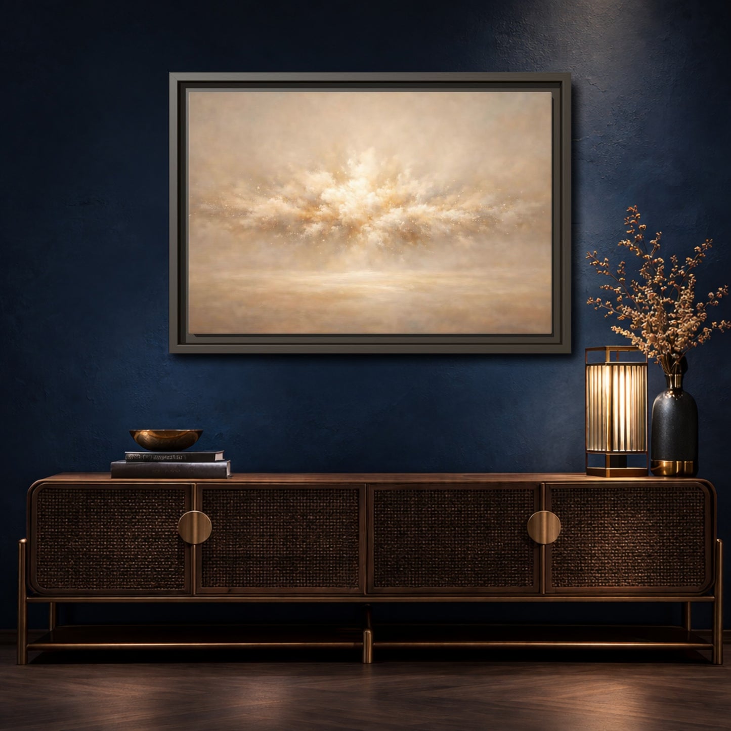 Mockup 4. Abstract Abstract Burst Beige And Gold shown as stretched canvas wall art