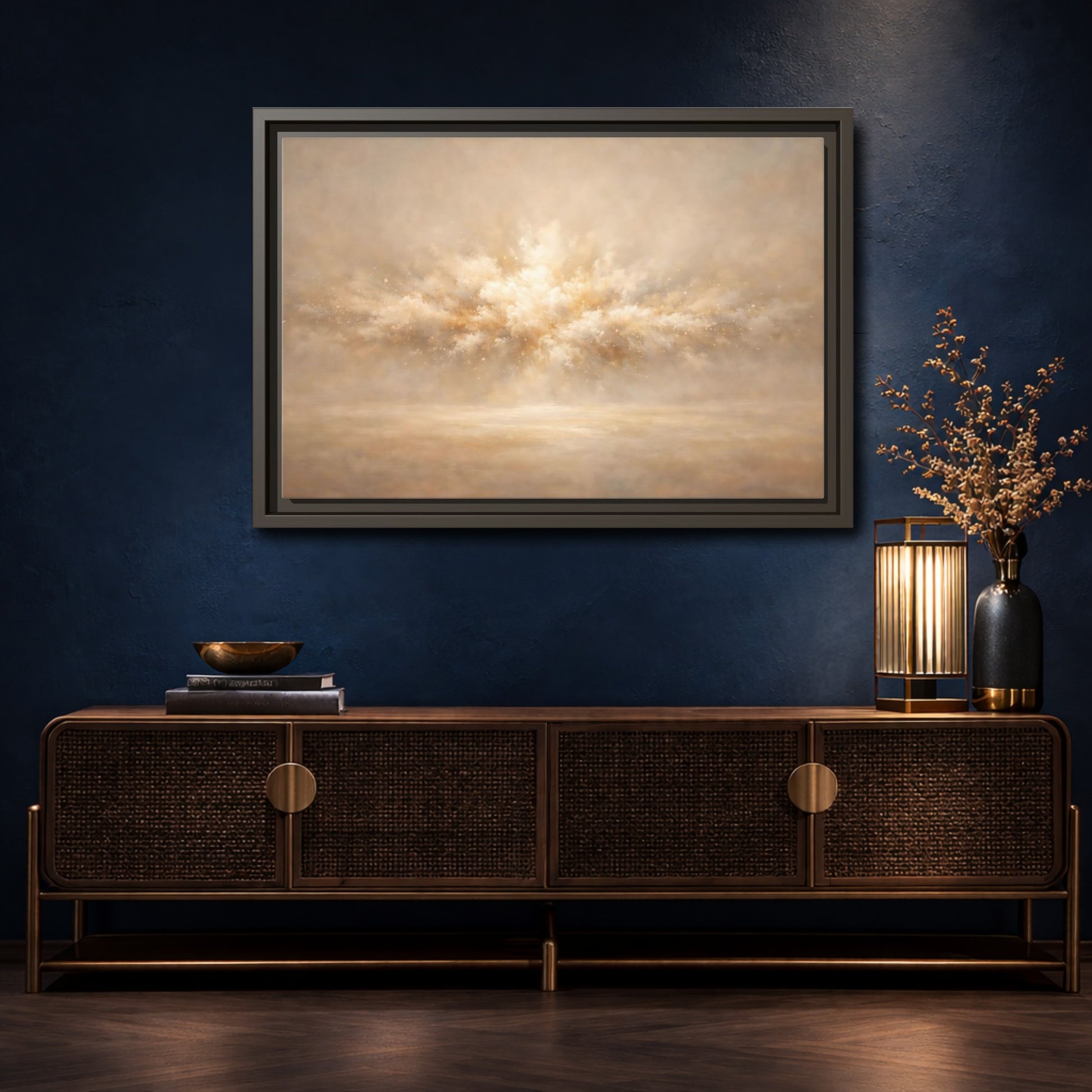Mockup 4. Abstract Abstract Burst Beige And Gold shown as stretched canvas wall art