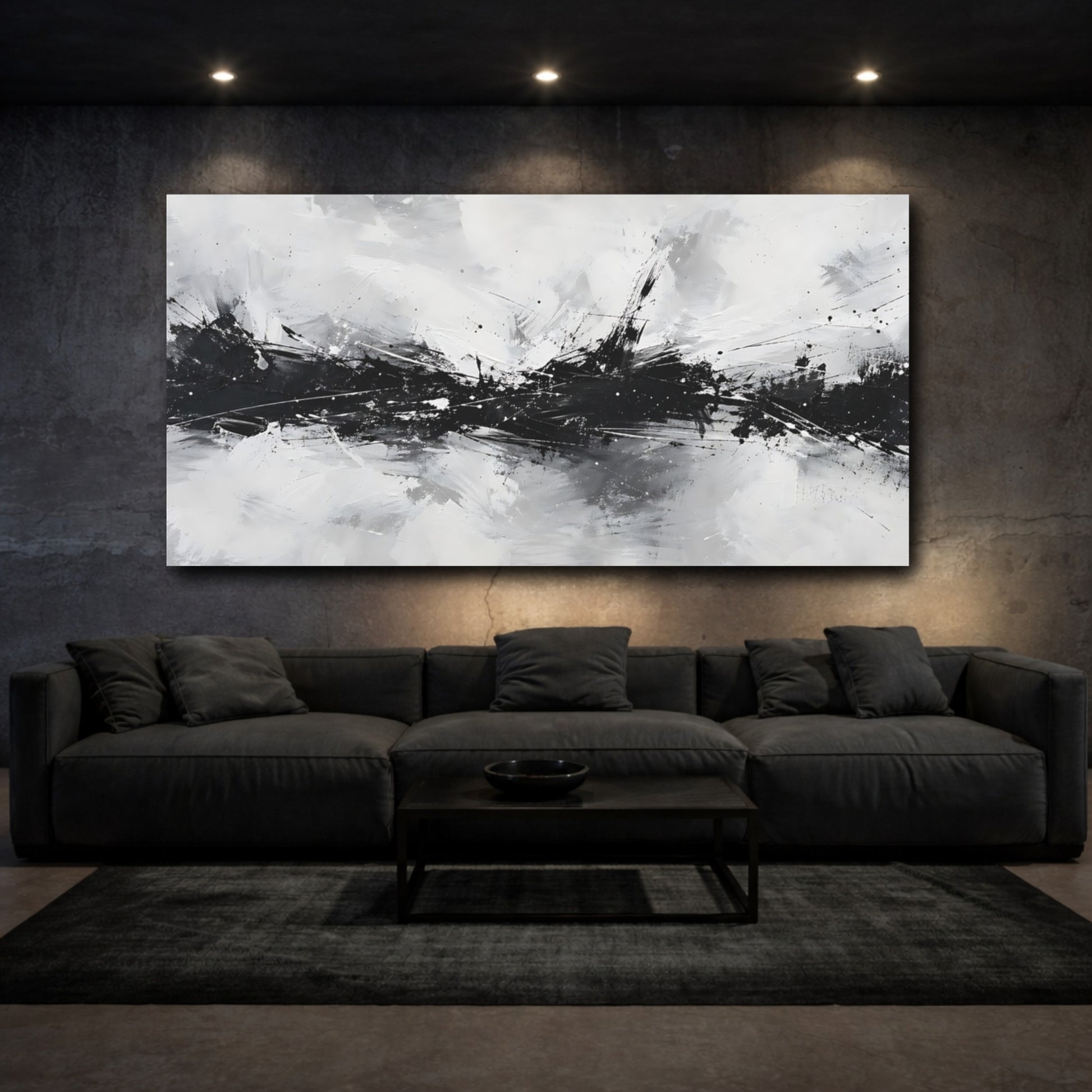 Mockup 2. Abstract Abstract Burst Black And White shown as stretched canvas wall art