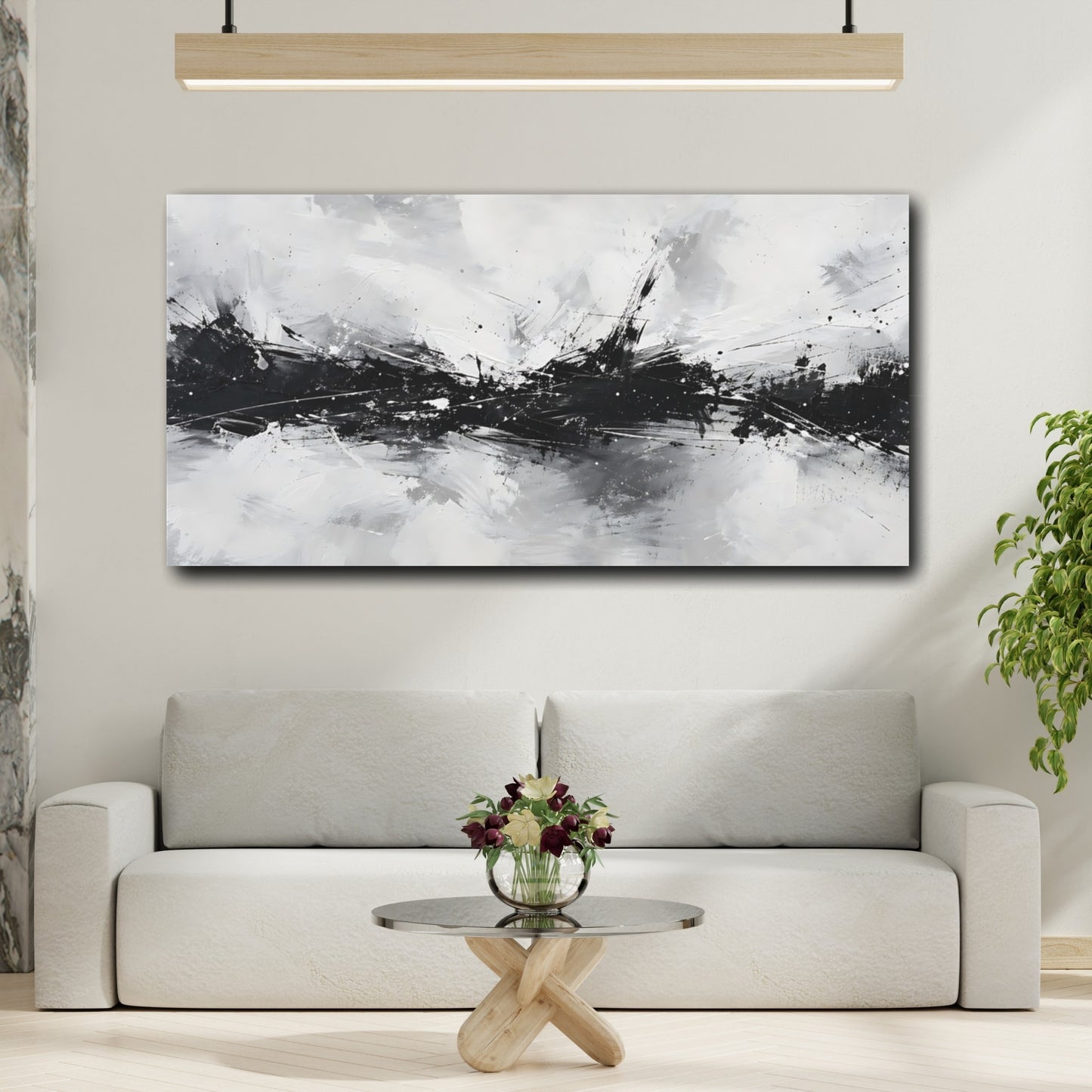 Mockup 3. Abstract Abstract Burst Black And White shown as stretched canvas wall art