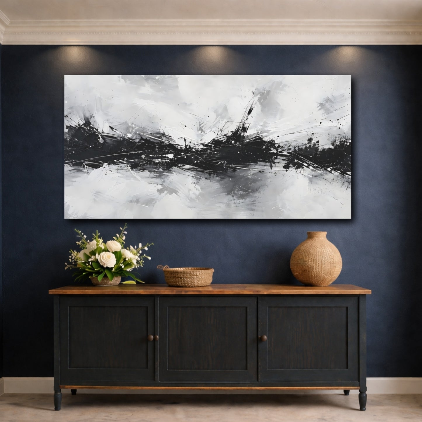 Mockup 4. Abstract Abstract Burst Black And White shown as stretched canvas wall art