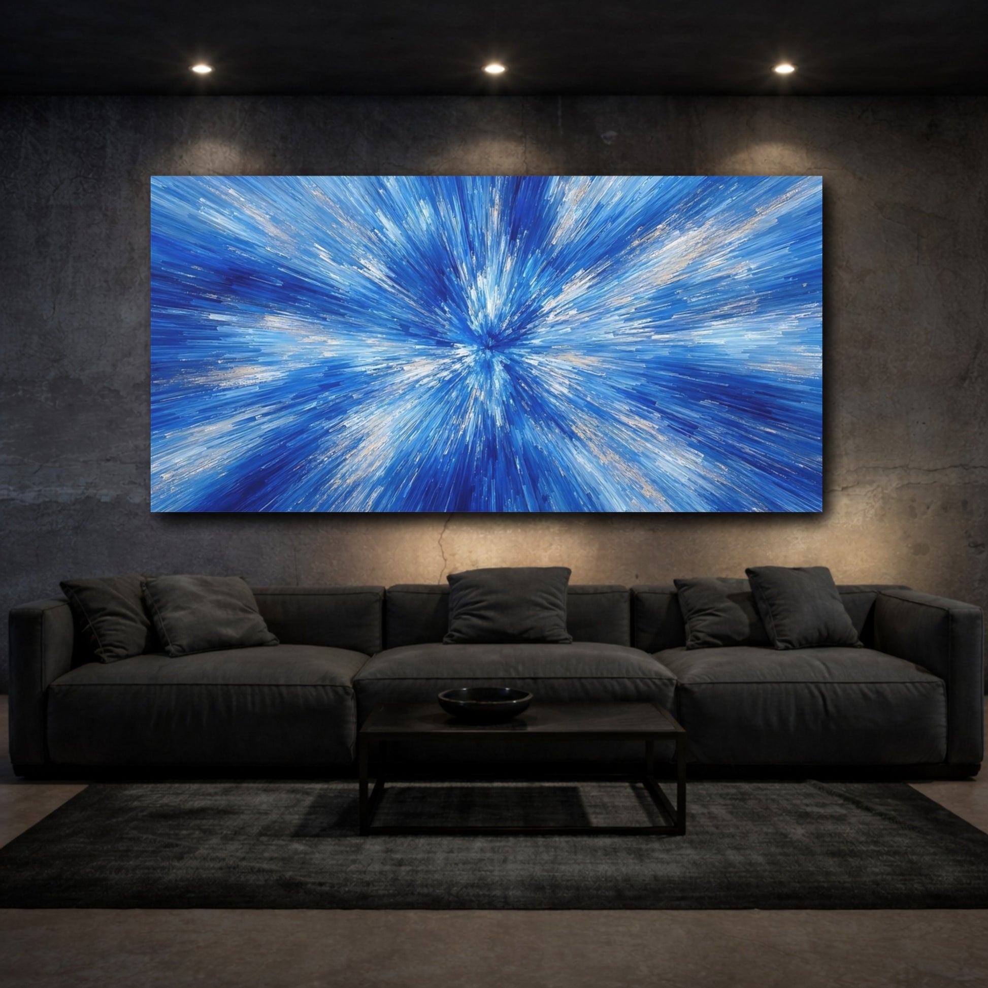 Mockup 2. Abstract Abstract Burst Blue And Gold shown as stretched canvas wall art