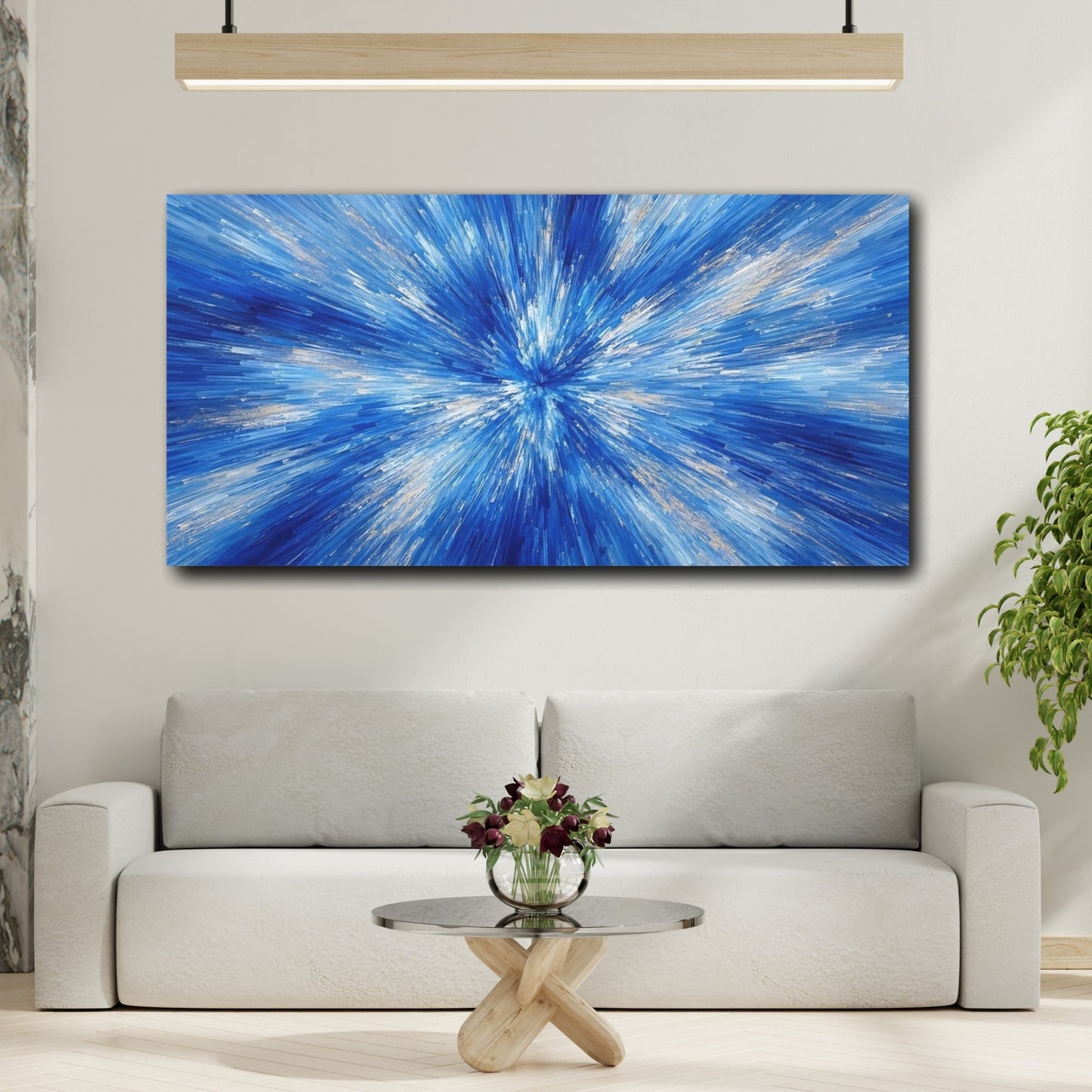 Mockup 3. Abstract Abstract Burst Blue And Gold shown as stretched canvas wall art