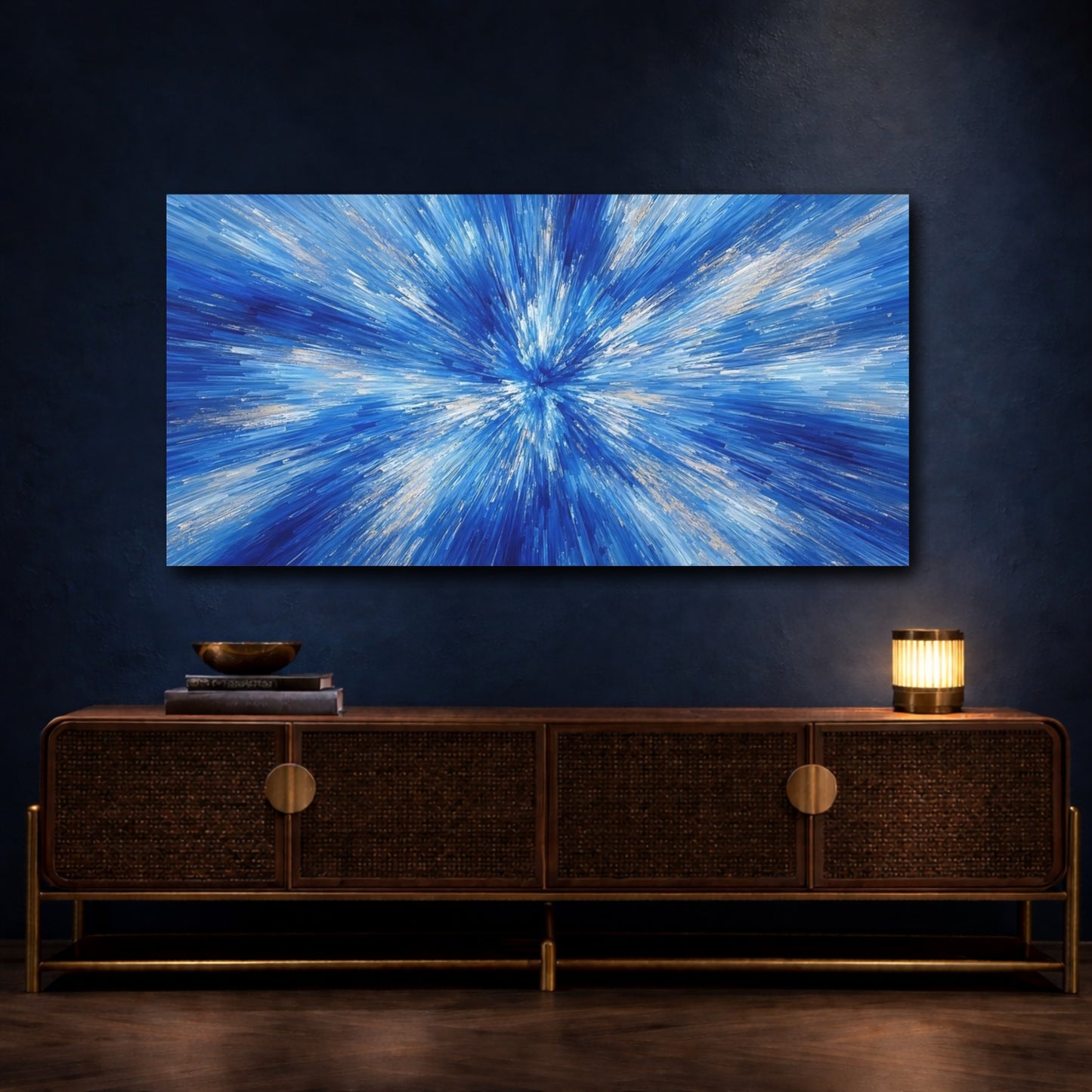 Mockup 4. Abstract Abstract Burst Blue And Gold shown as stretched canvas wall art
