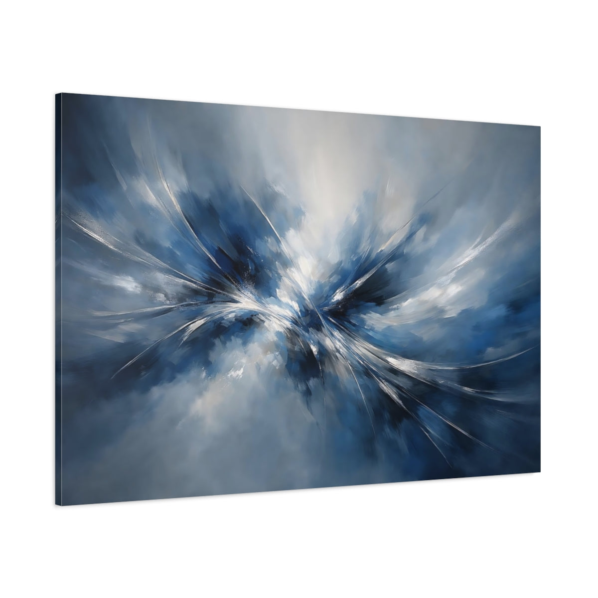 Main Mockup. Abstract Abstract Burst Blue And White Abstract shown as stretched canvas wall art