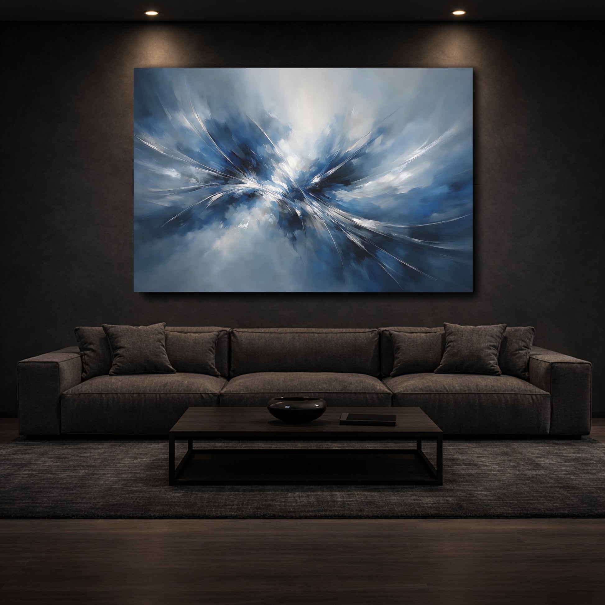 Mockup 2. Abstract Abstract Burst Blue And White Abstract shown as stretched canvas wall art