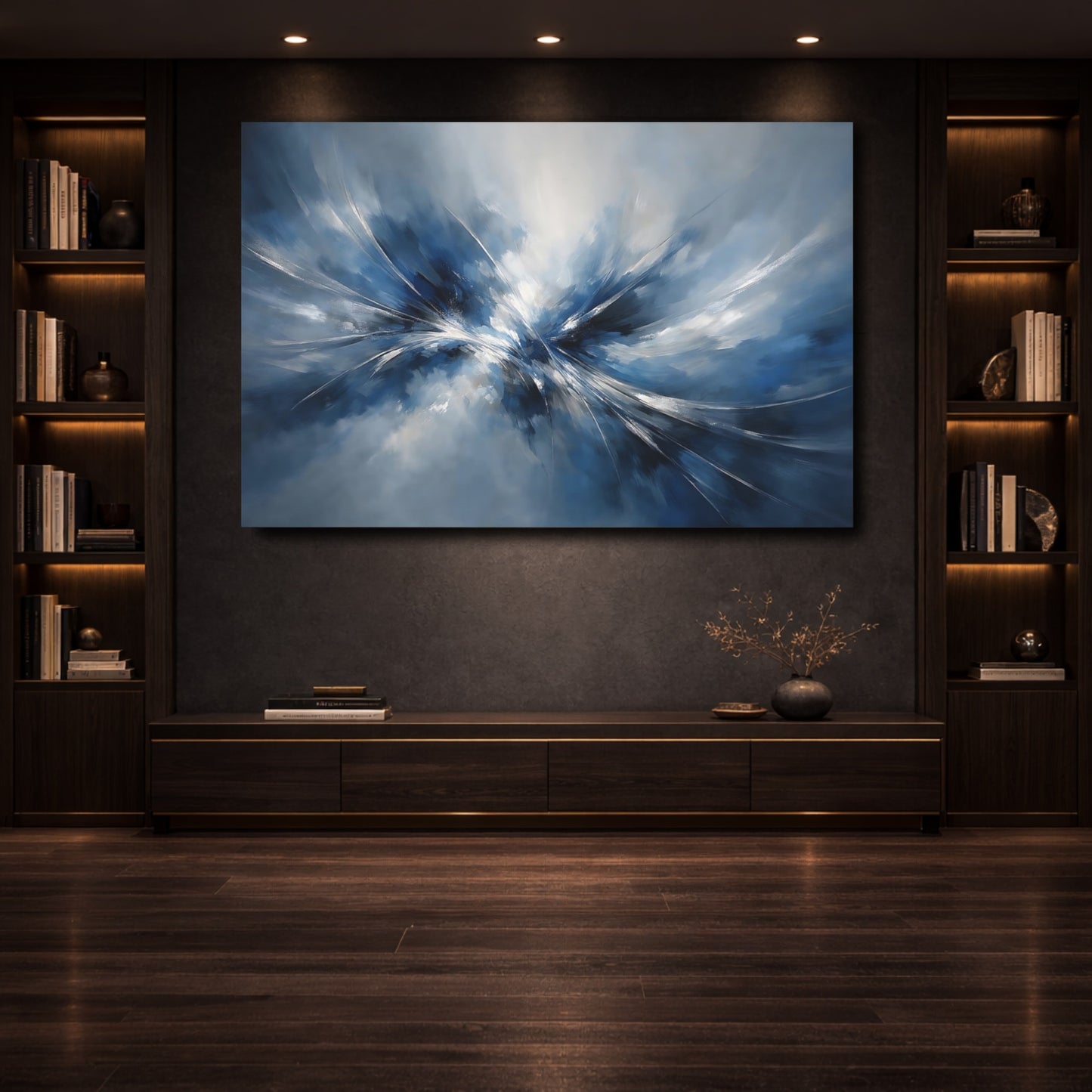 Mockup 3. Abstract Abstract Burst Blue And White Abstract shown as stretched canvas wall art