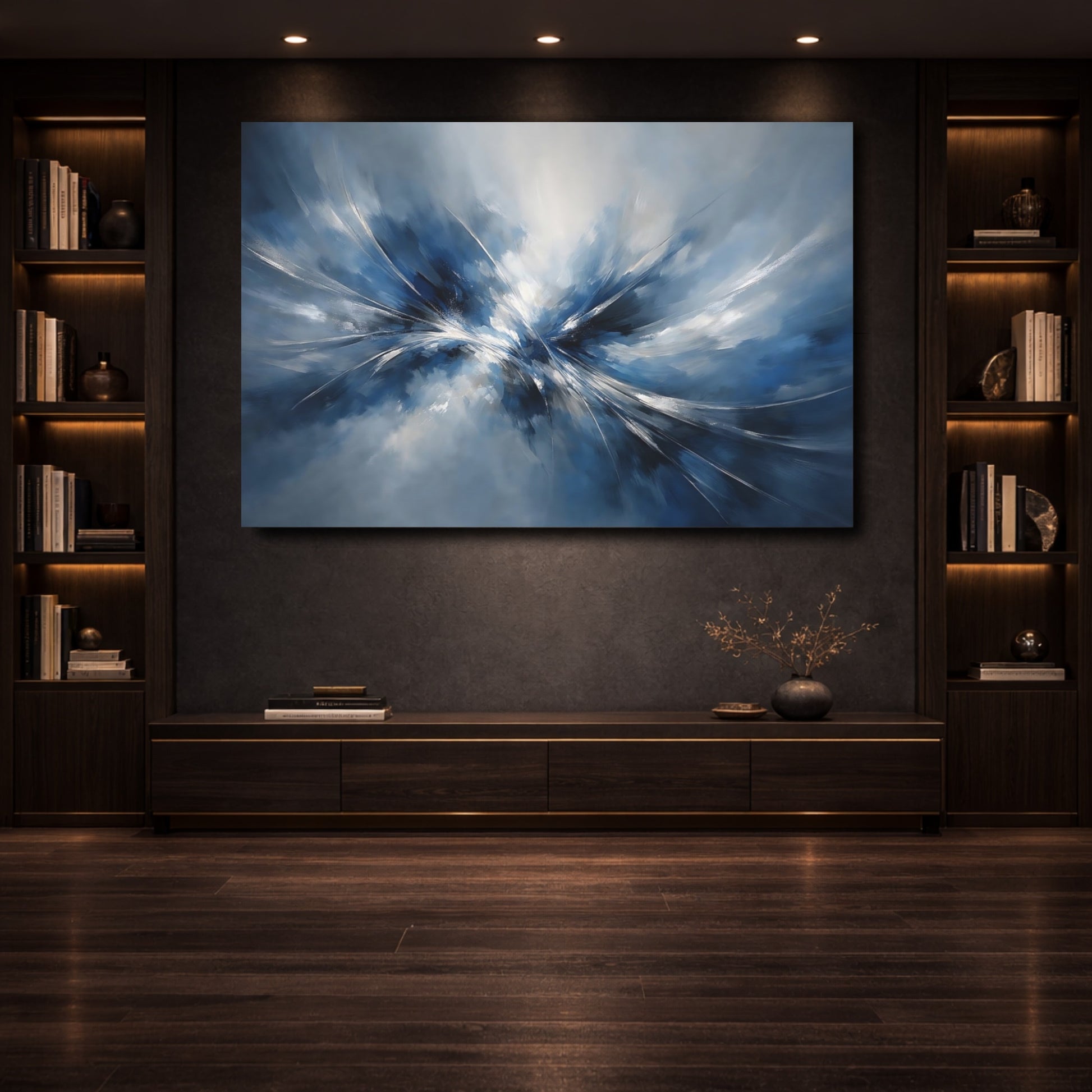 Mockup 3. Abstract Abstract Burst Blue And White Abstract shown as stretched canvas wall art