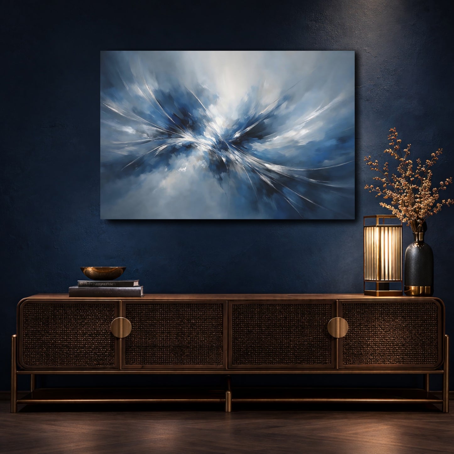 Mockup 4. Abstract Abstract Burst Blue And White Abstract shown as stretched canvas wall art