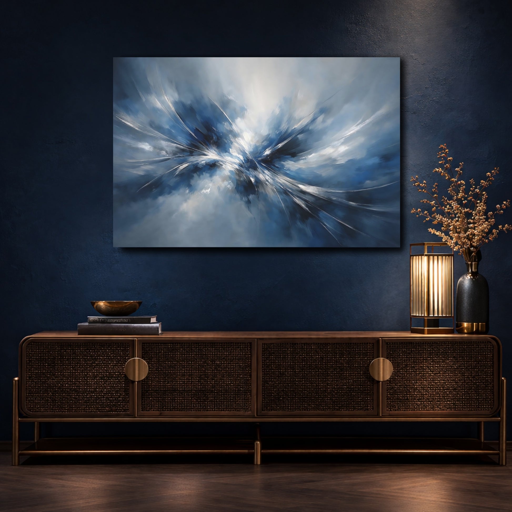 Mockup 4. Abstract Abstract Burst Blue And White Abstract shown as stretched canvas wall art