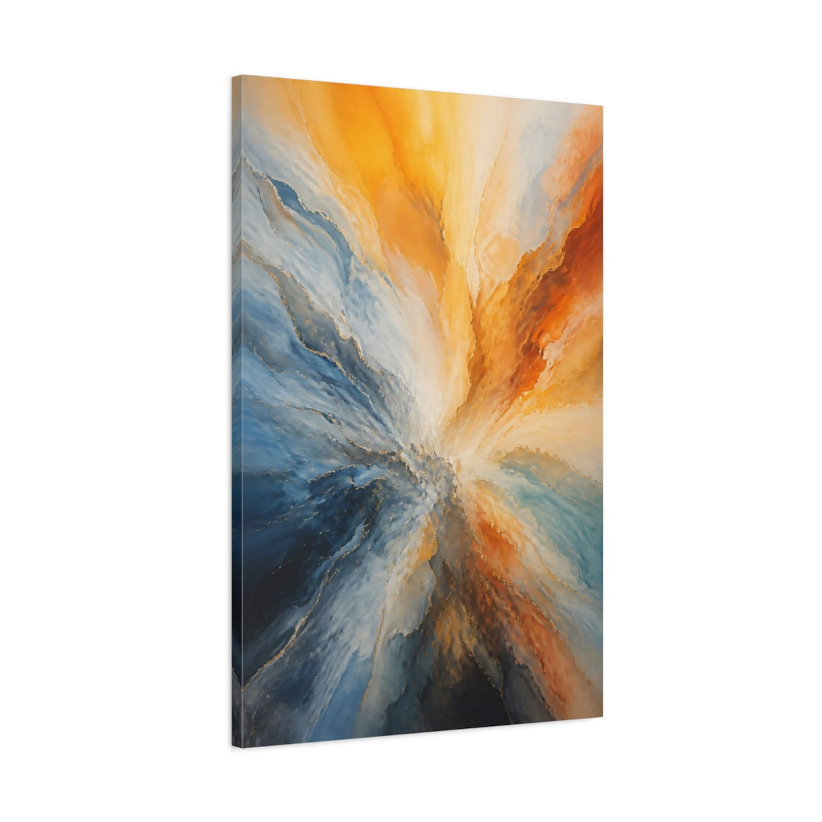 Main Mockup. Abstract Abstract Burst Blue Orange Gold shown as stretched canvas wall art
