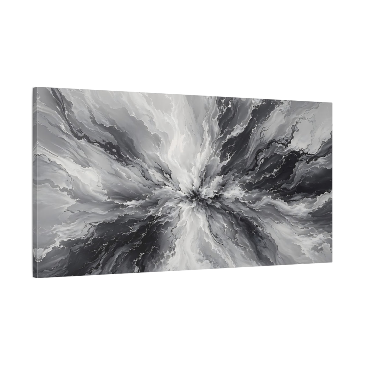 Main Mockup. Abstract Abstract Burst Gray And Black Abstract shown as stretched canvas wall art