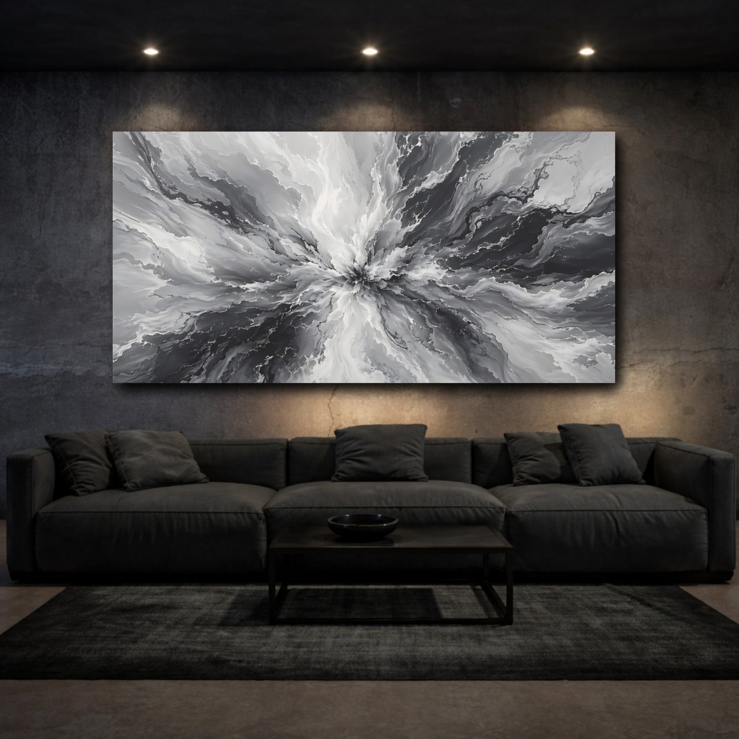 Mockup 2. Abstract Abstract Burst Gray And Black Abstract shown as stretched canvas wall art