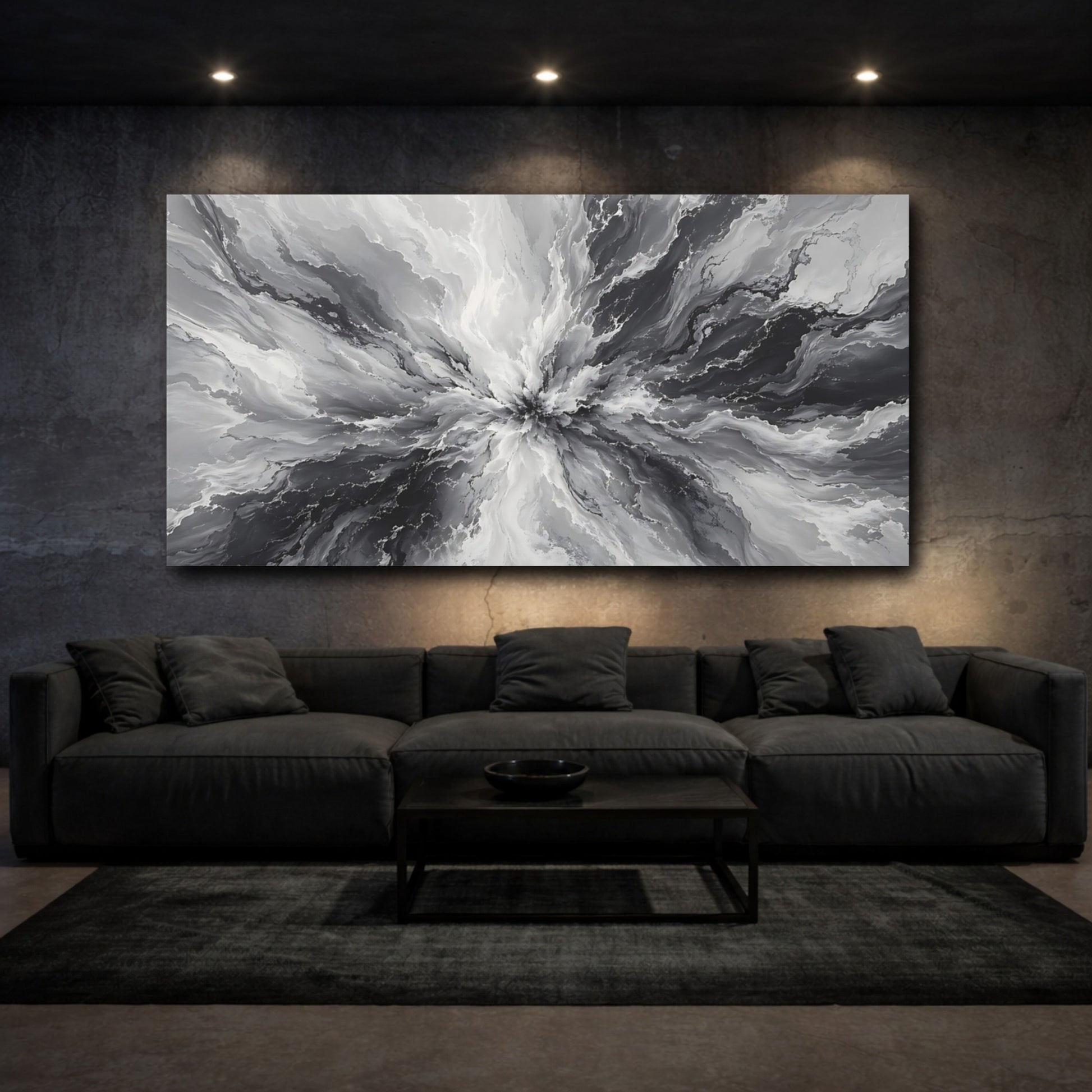 Mockup 2. Abstract Abstract Burst Gray And Black Abstract shown as stretched canvas wall art