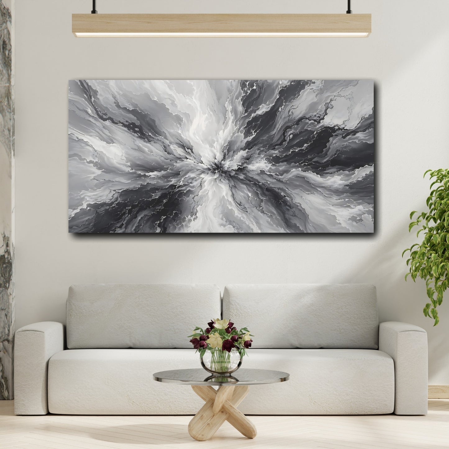 Mockup 3. Abstract Abstract Burst Gray And Black Abstract shown as stretched canvas wall art