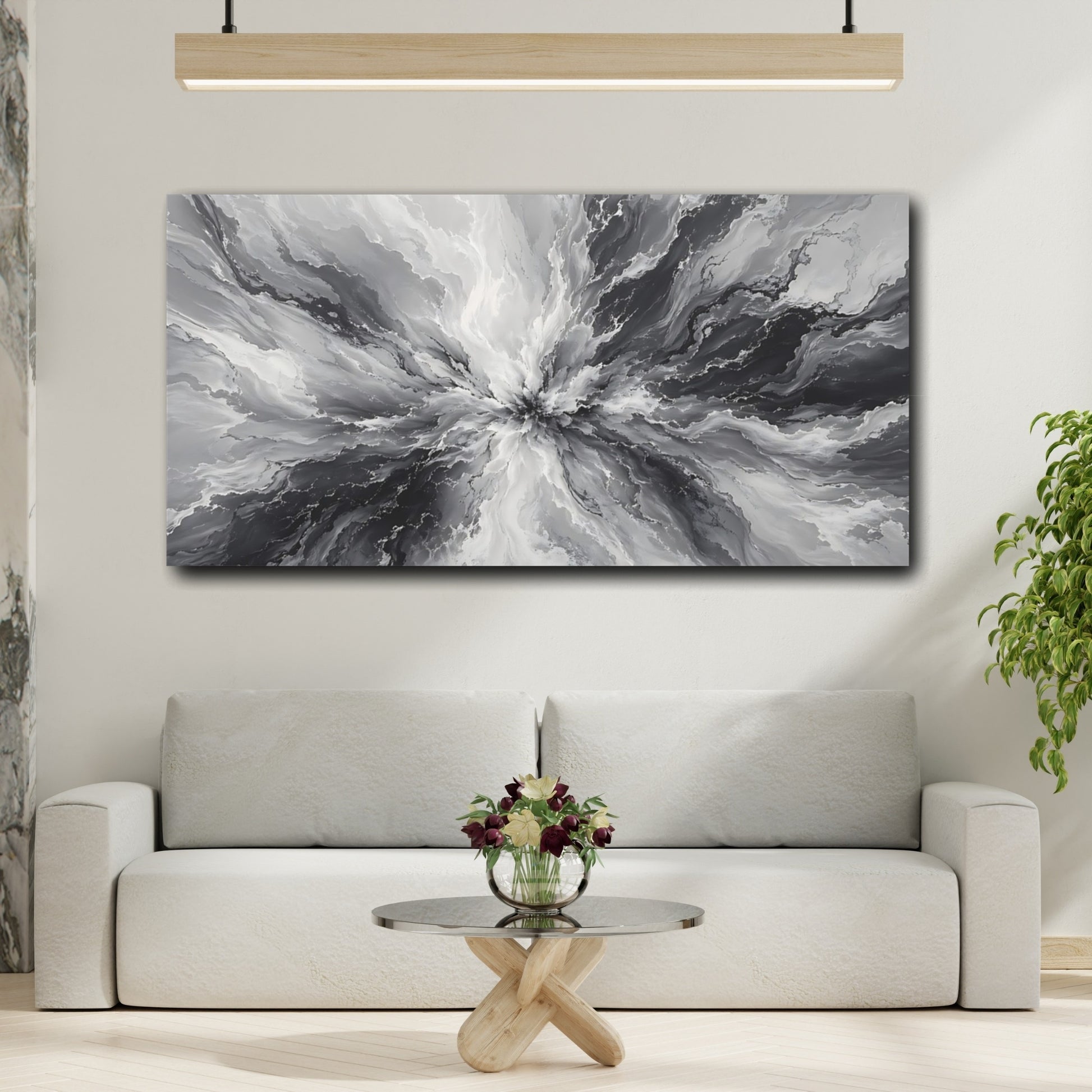Mockup 3. Abstract Abstract Burst Gray And Black Abstract shown as stretched canvas wall art