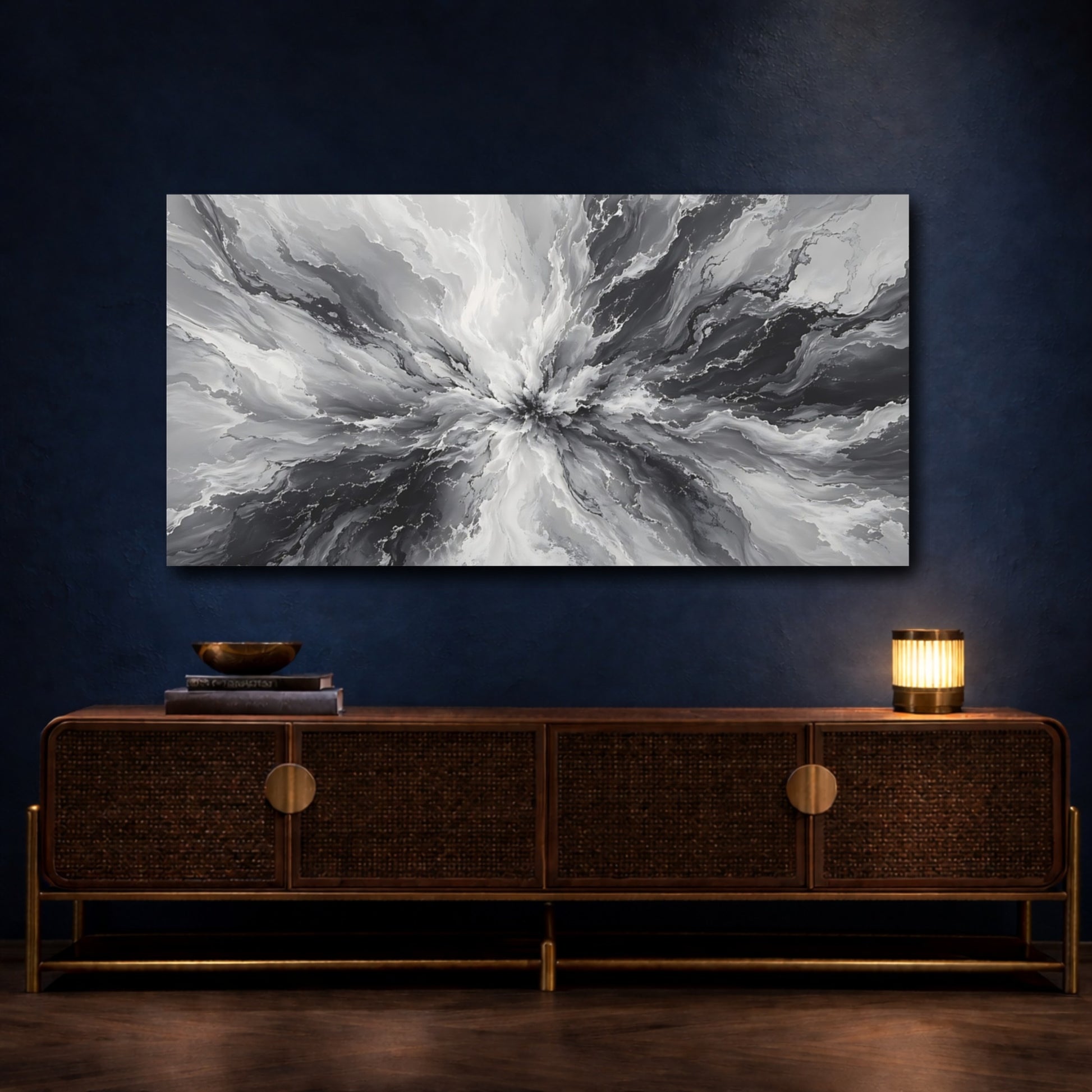 Mockup 4. Abstract Abstract Burst Gray And Black Abstract shown as stretched canvas wall art