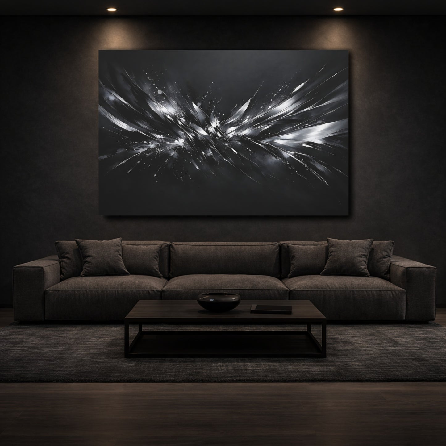 Mockup 2. Abstract Abstract Burst Monochrome Abstract shown as stretched canvas wall art