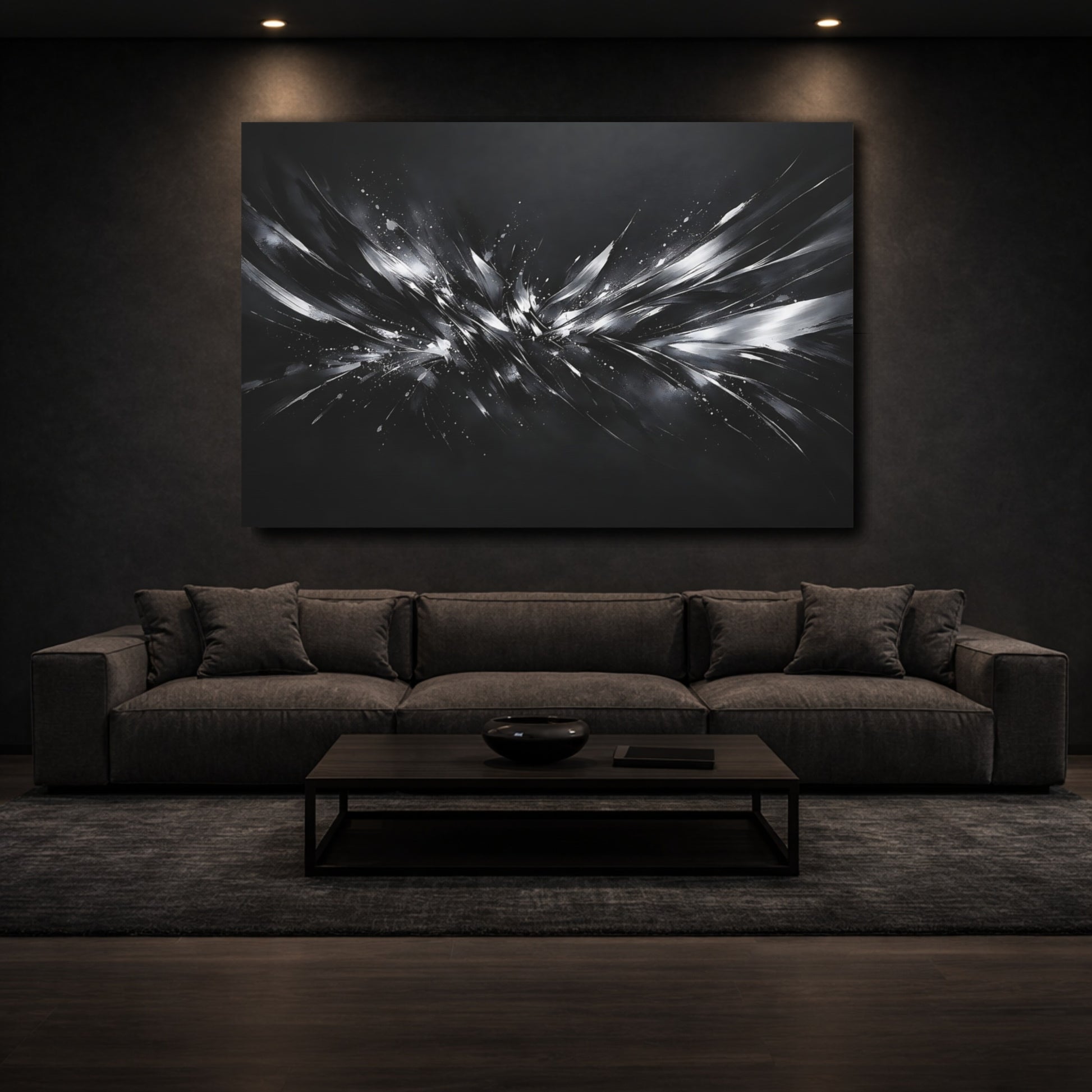 Mockup 2. Abstract Abstract Burst Monochrome Abstract shown as stretched canvas wall art