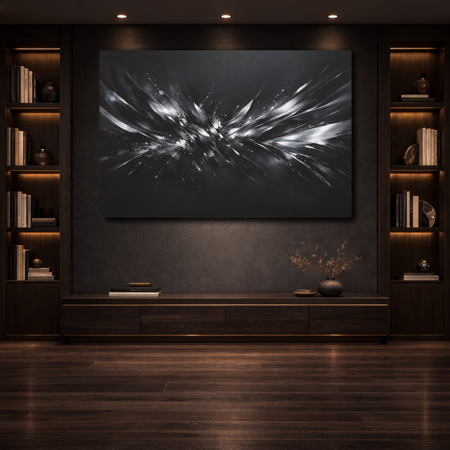 Mockup 3. Abstract Abstract Burst Monochrome Abstract shown as stretched canvas wall art