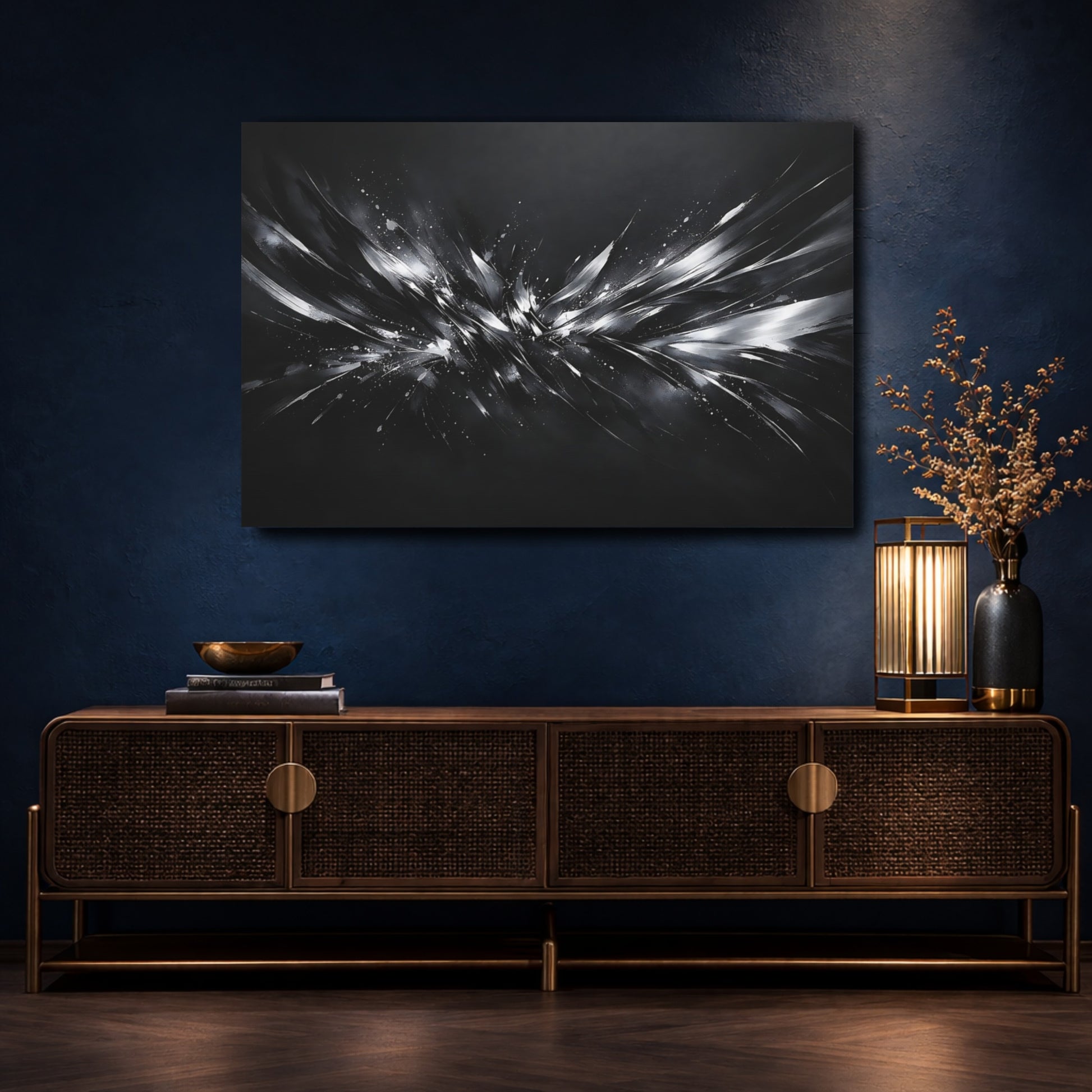 Mockup 4. Abstract Abstract Burst Monochrome Abstract shown as stretched canvas wall art