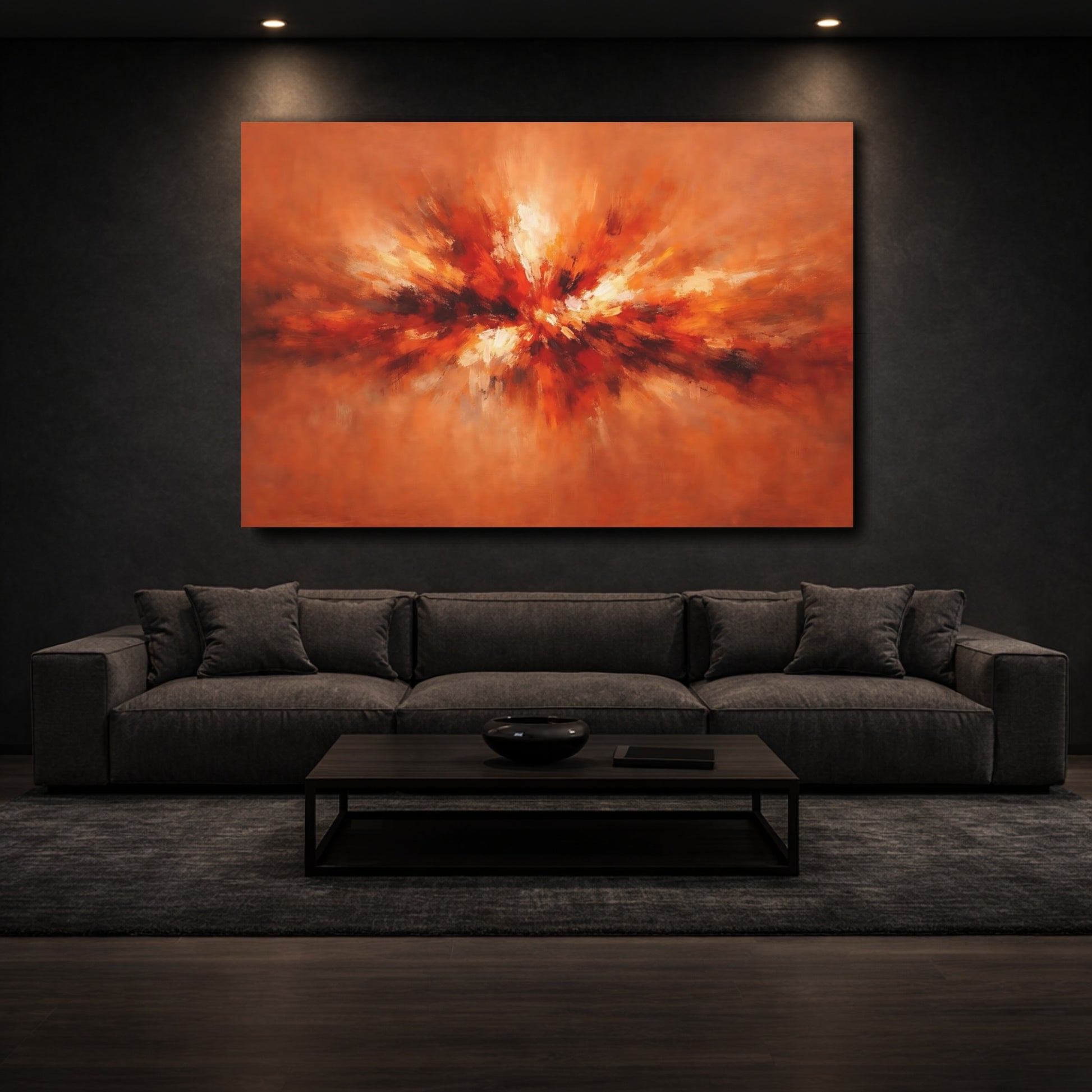 Mockup 2. Abstract Abstract Burst Orange Abstract shown as stretched canvas wall art