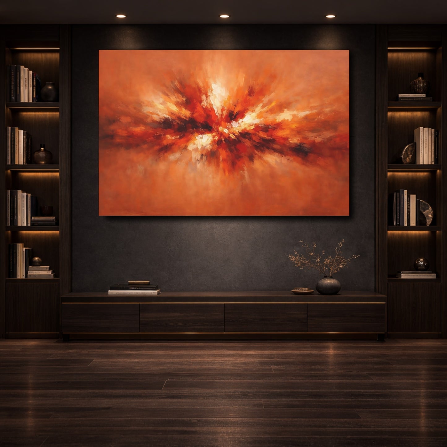 Mockup 3. Abstract Abstract Burst Orange Abstract shown as stretched canvas wall art