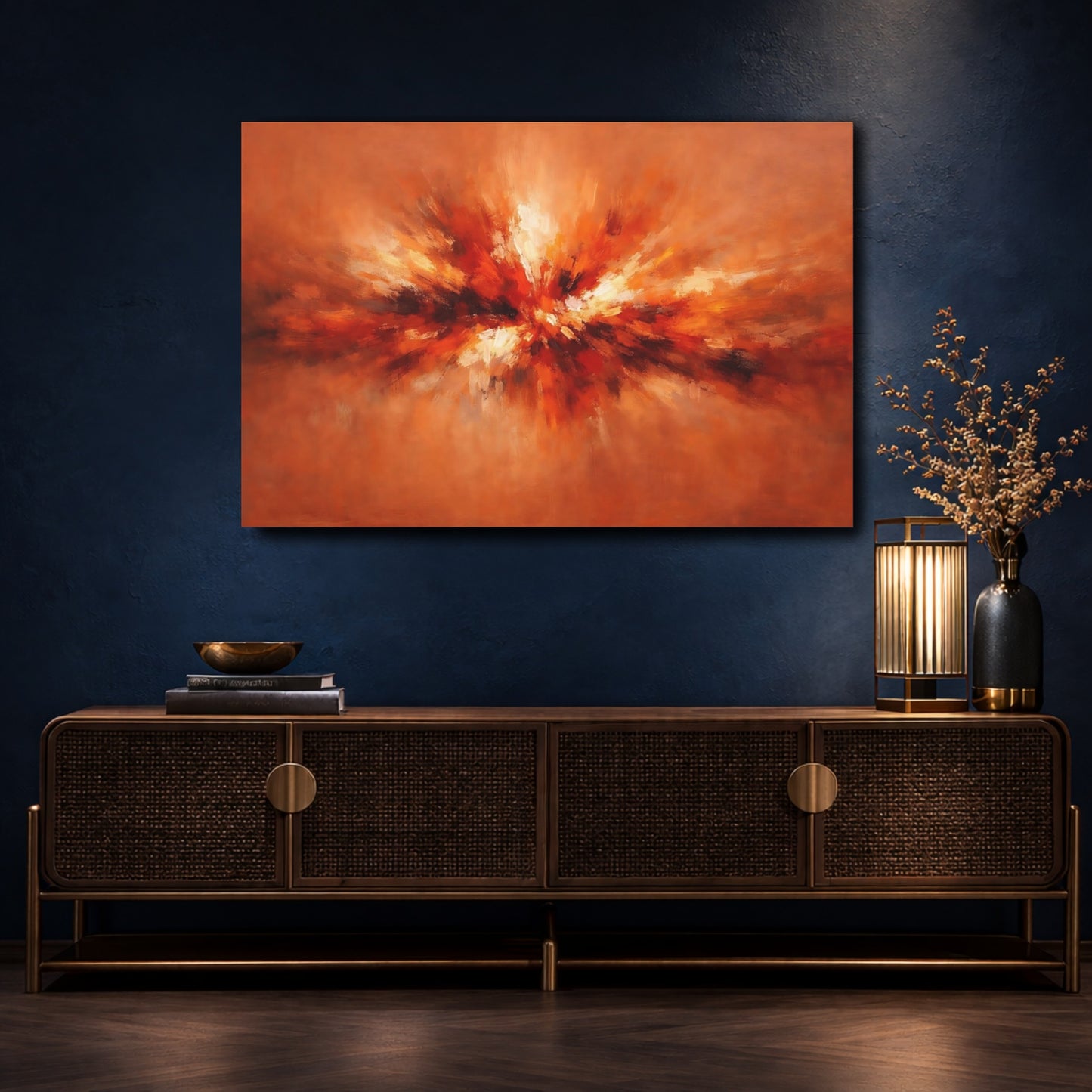 Mockup 4. Abstract Abstract Burst Orange Abstract shown as stretched canvas wall art