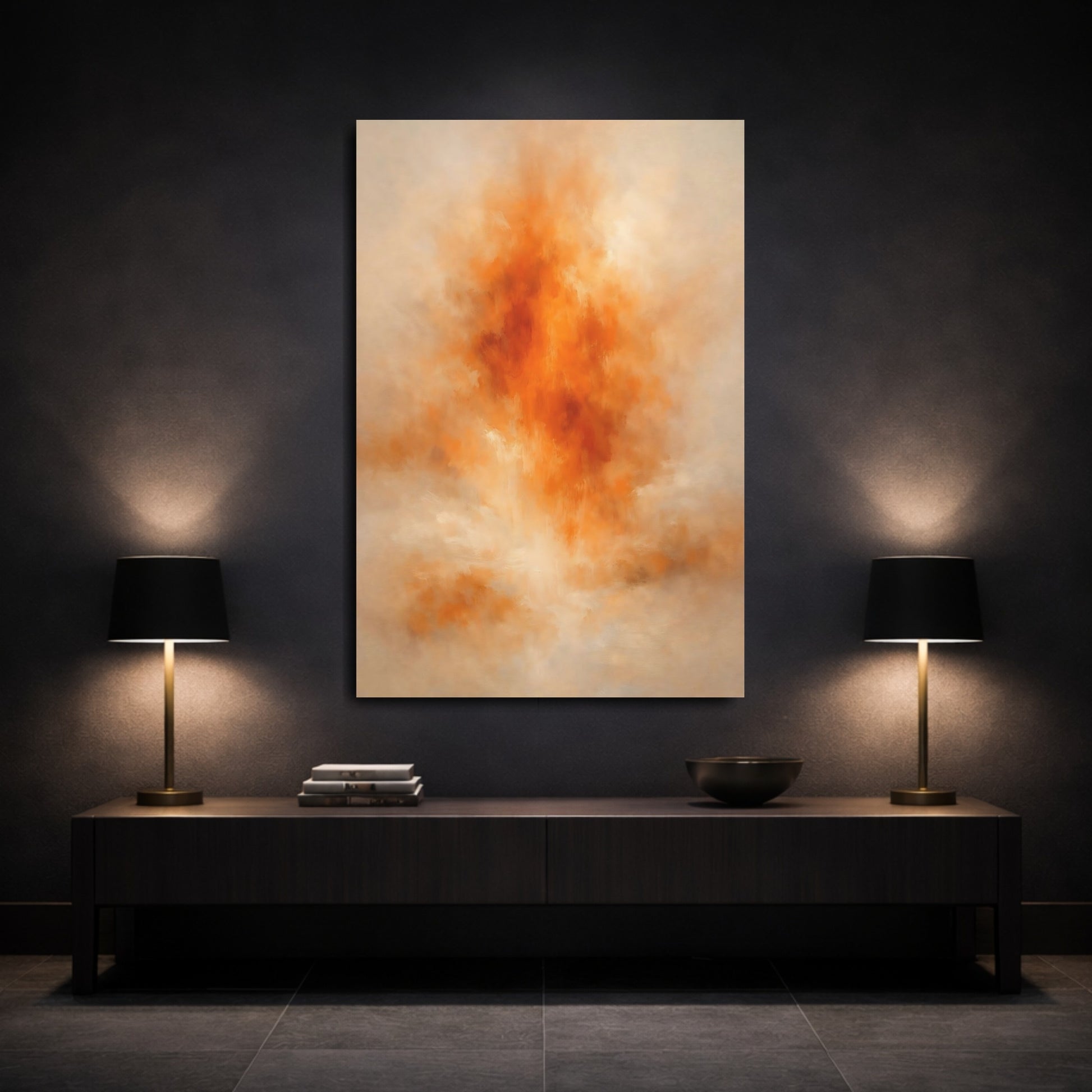 Mockup 2. Abstract Abstract Burst Orange And Tan shown as stretched canvas wall art