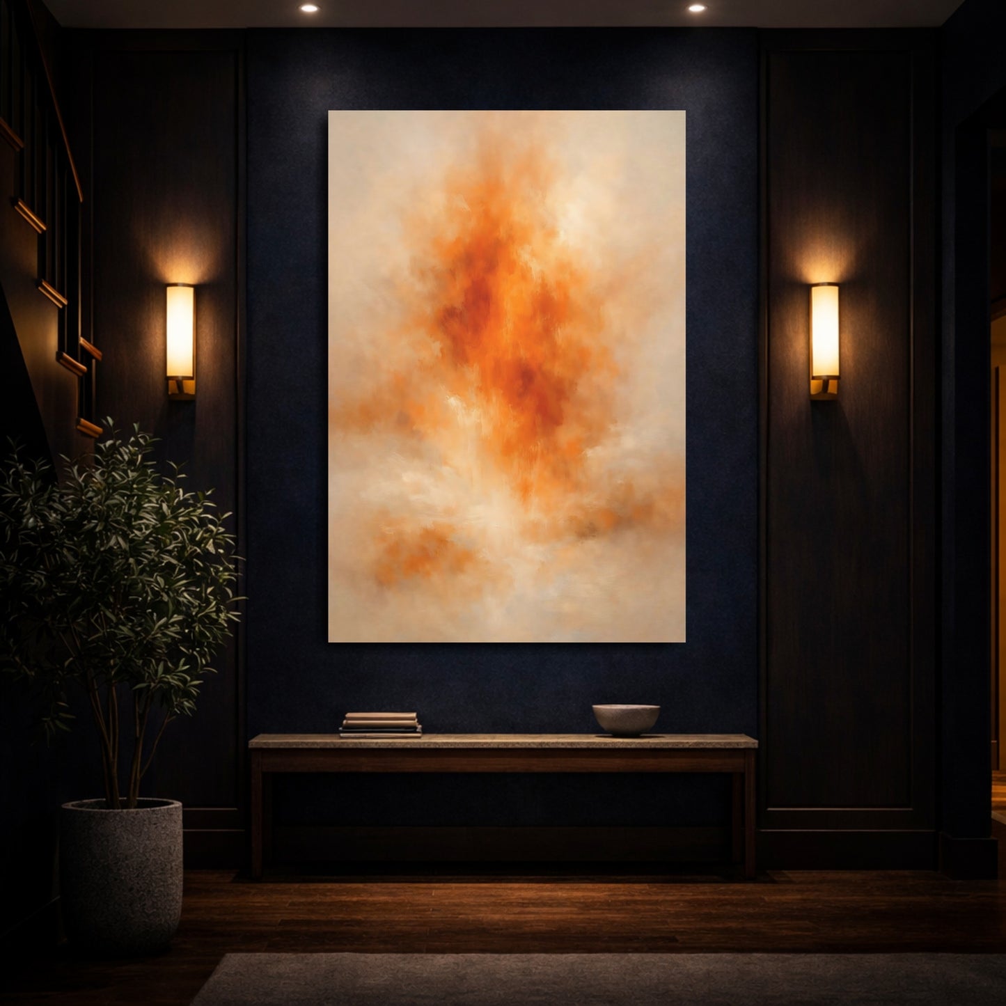 Mockup 3. Abstract Abstract Burst Orange And Tan shown as stretched canvas wall art