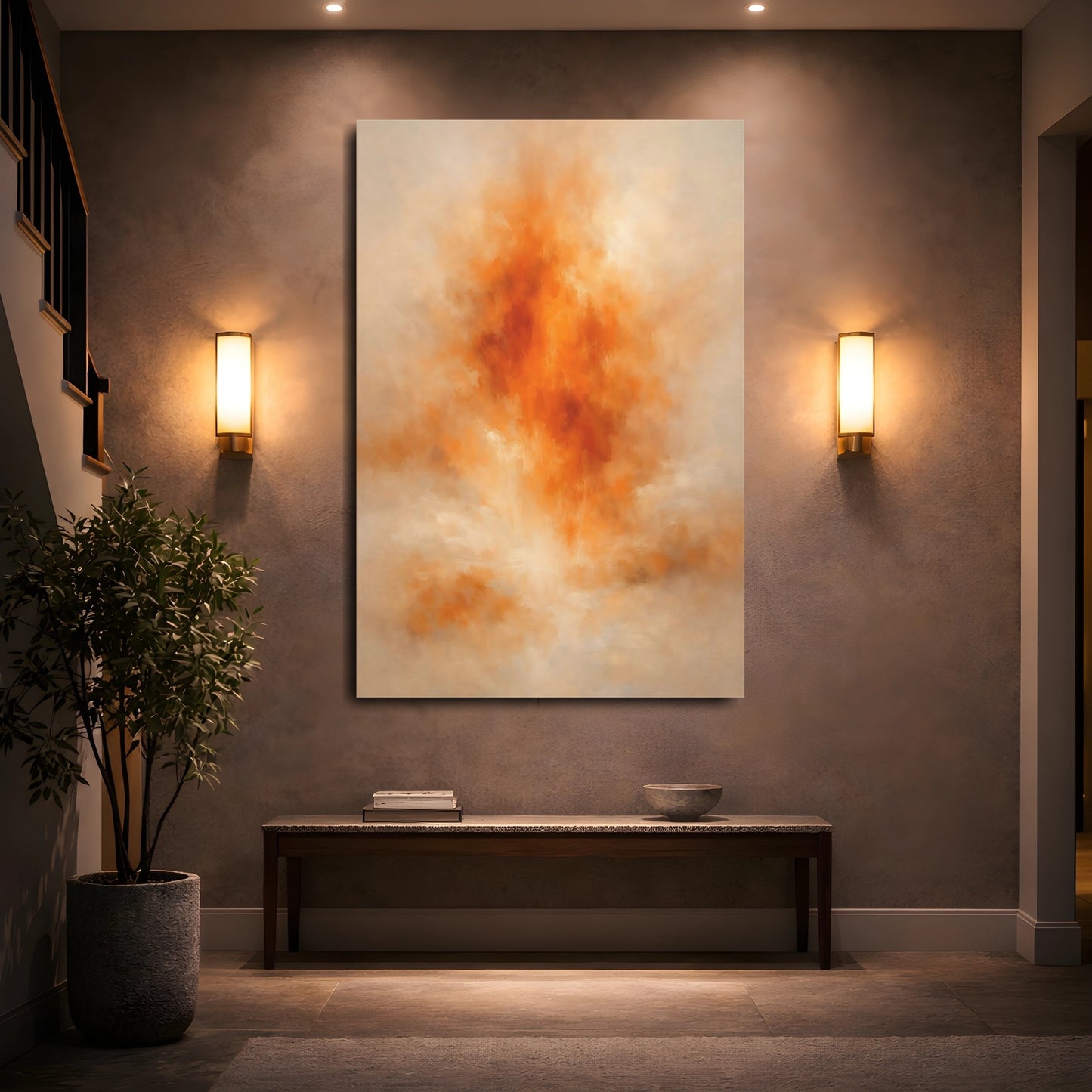 Mockup 4. Abstract Abstract Burst Orange And Tan shown as stretched canvas wall art