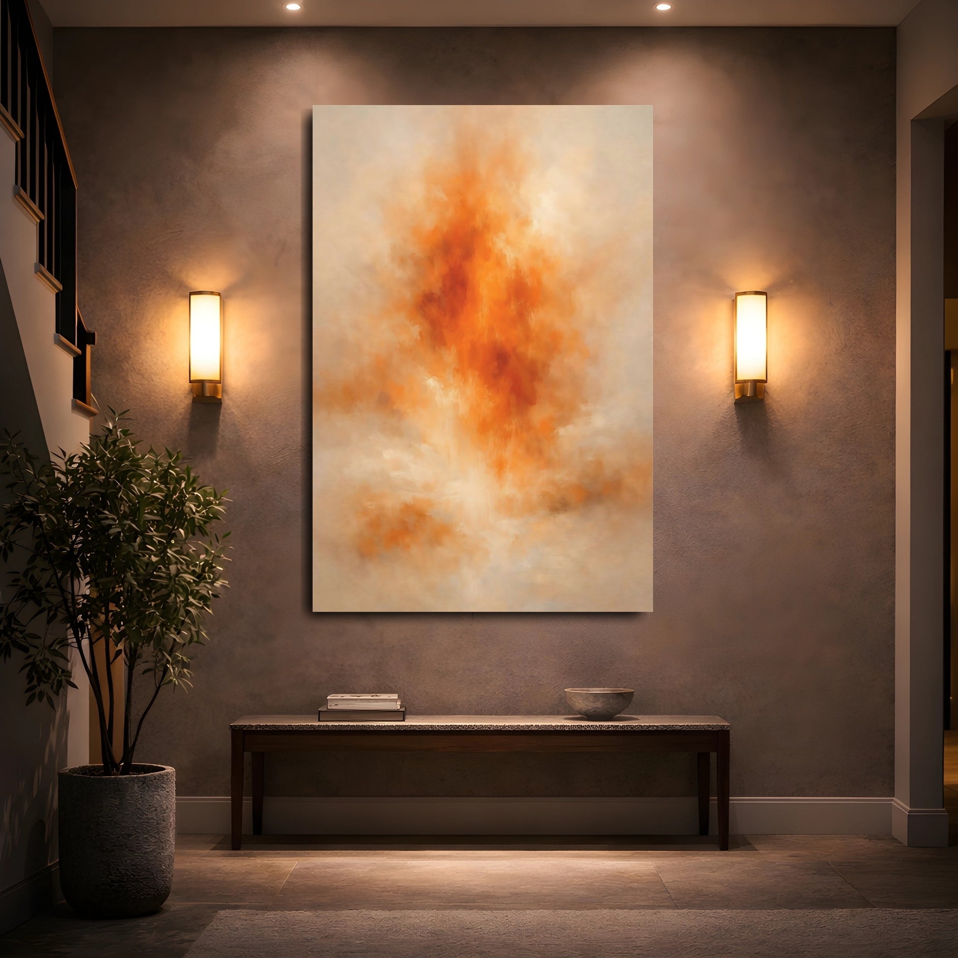 Mockup 4. Abstract Abstract Burst Orange And Tan shown as stretched canvas wall art