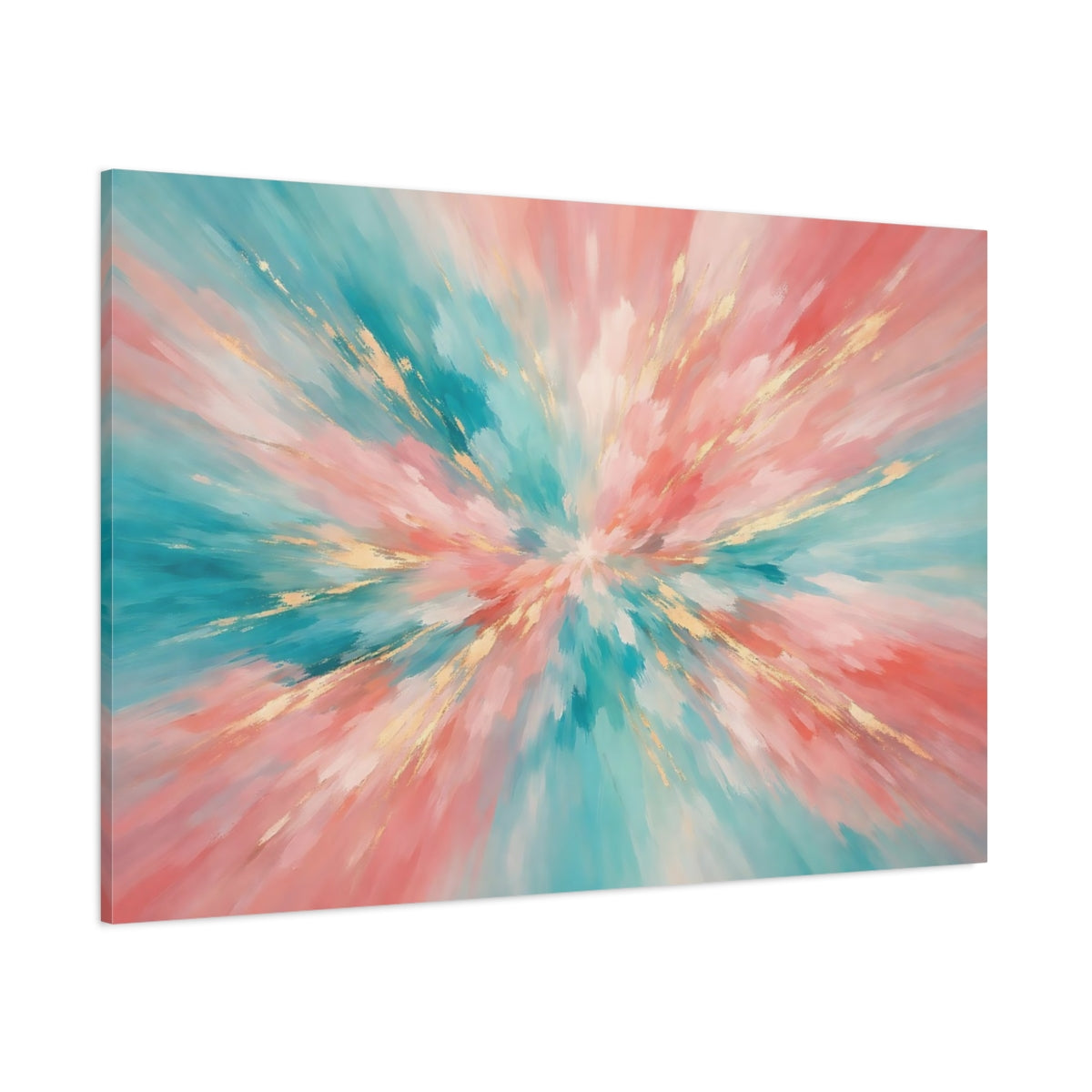 Main Mockup. Abstract Abstract Burst Teal Pink Gold Abstract shown as stretched canvas wall art
