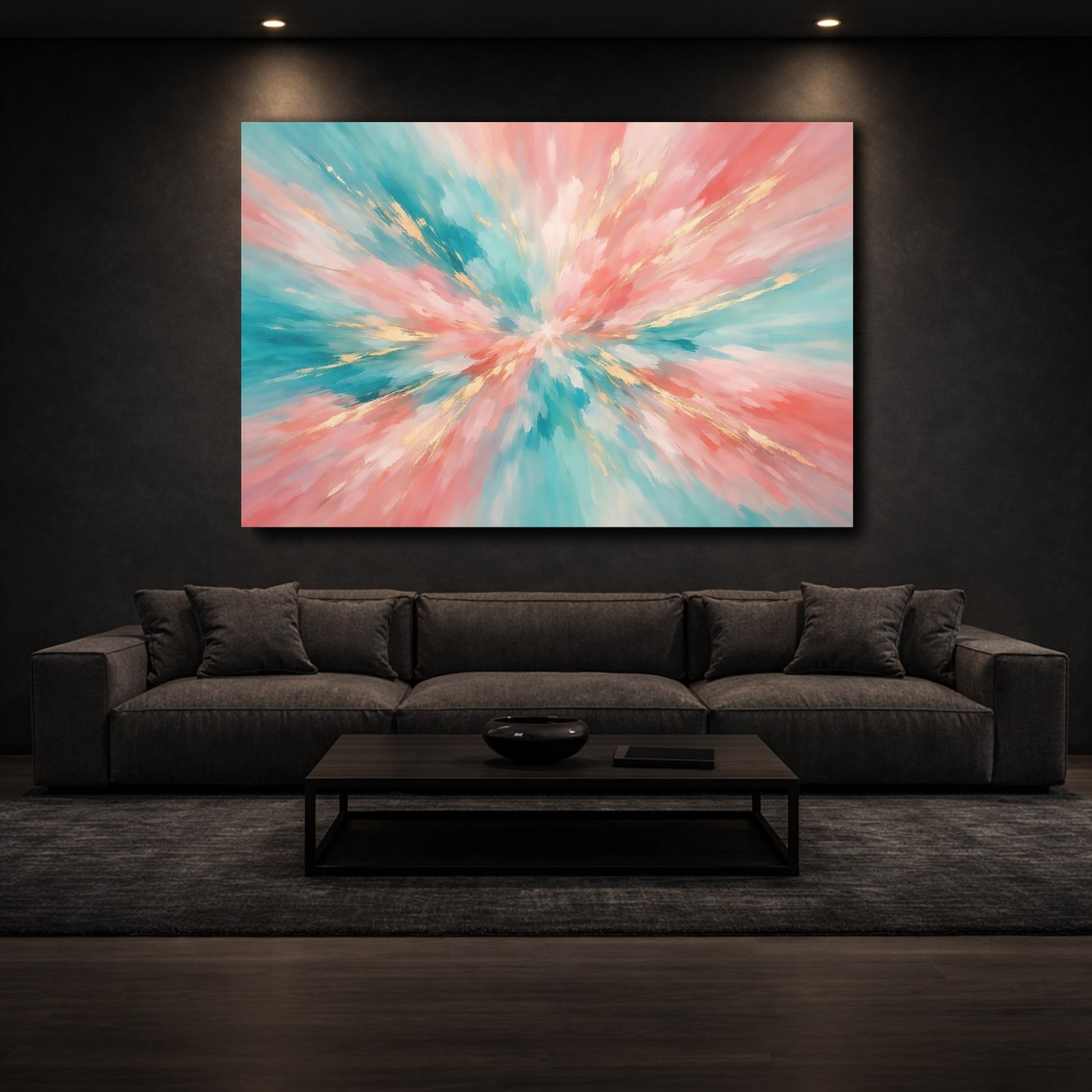 Mockup 2. Abstract Abstract Burst Teal Pink Gold Abstract shown as stretched canvas wall art
