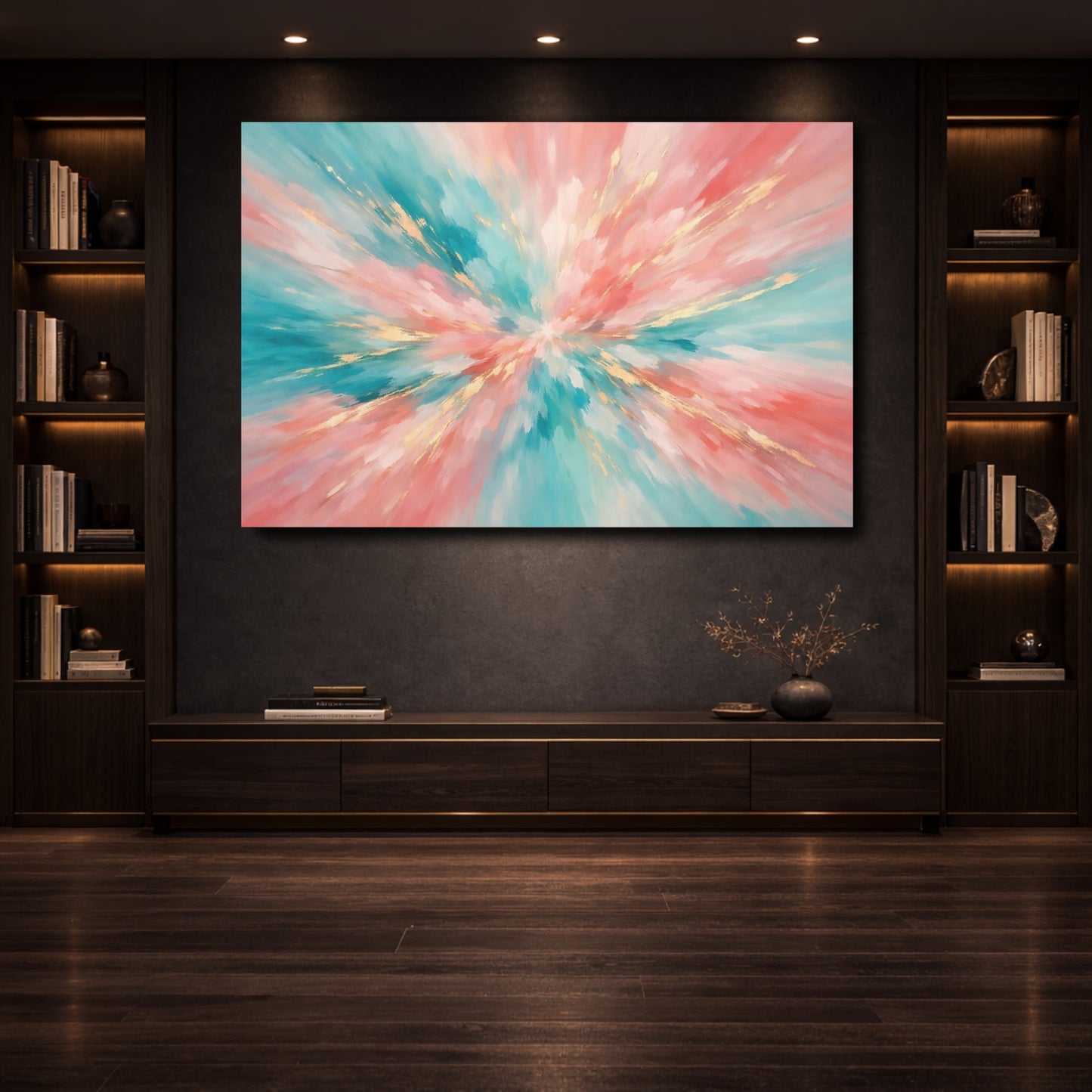 Mockup 3. Abstract Abstract Burst Teal Pink Gold Abstract shown as stretched canvas wall art